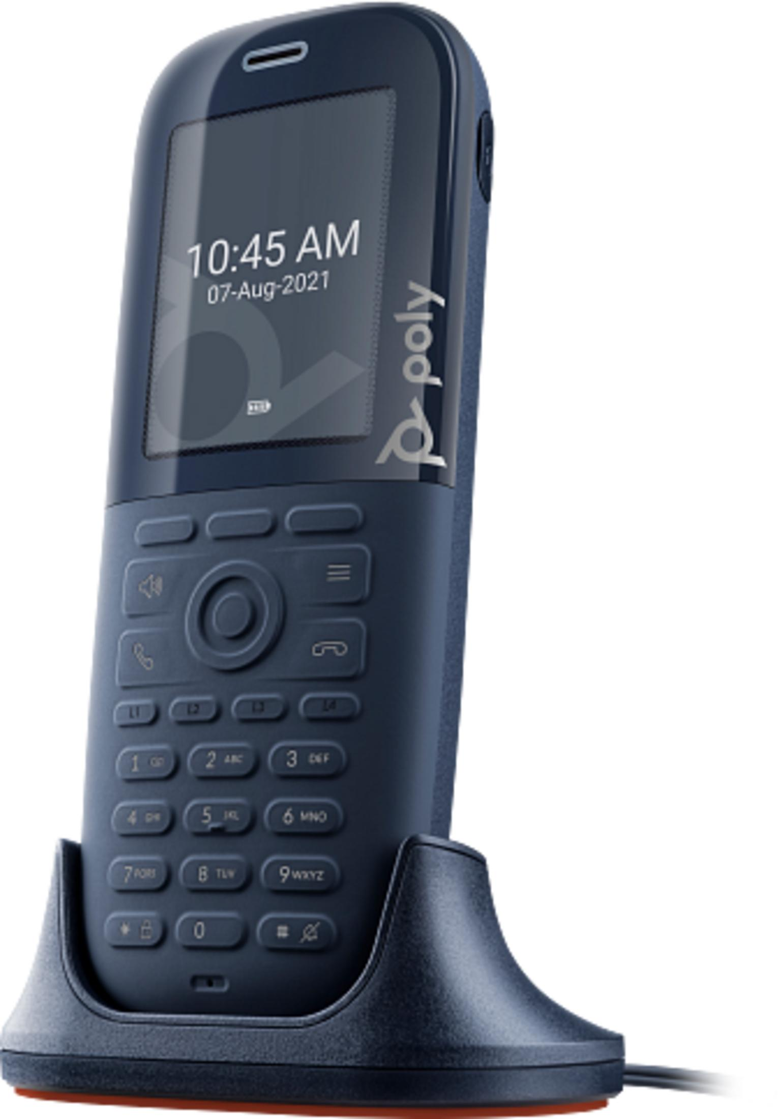 Un telefono cordless Poly blu scuro è su una base di ricarica. Lo schermo mostra le 10:45.