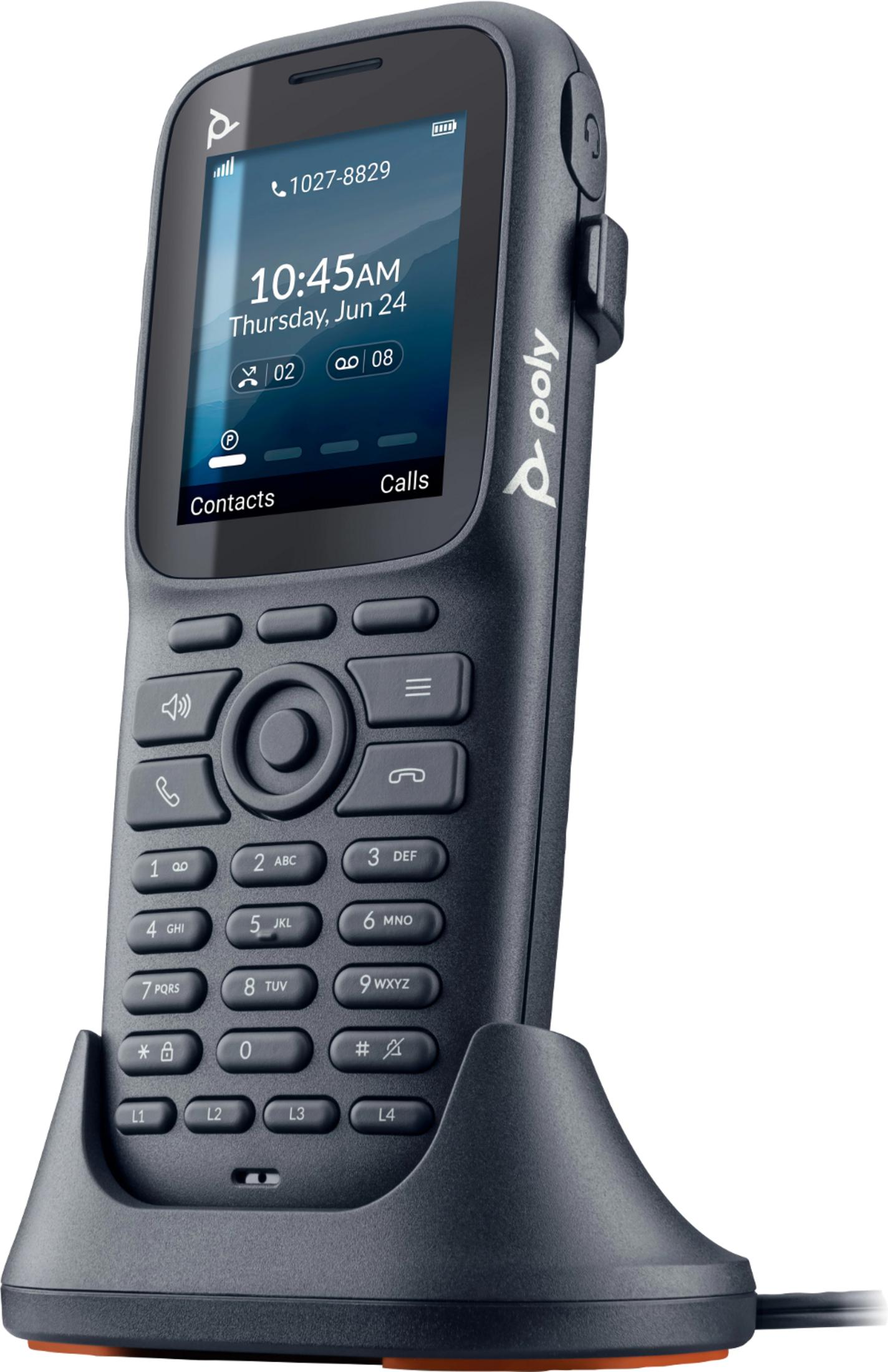 Un telefono cordless Poly DECT 6.0 nero con base di ricarica. Lo schermo mostra le 10:45.