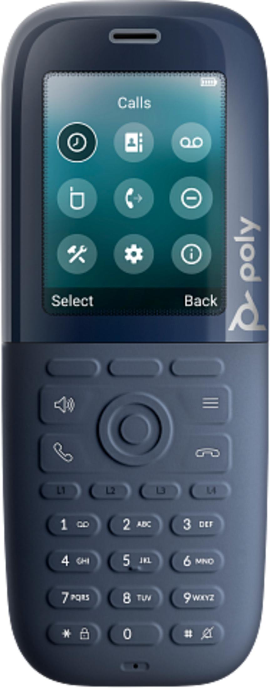 Un telefono Poly blu scuro con schermo che mostra le chiamate.