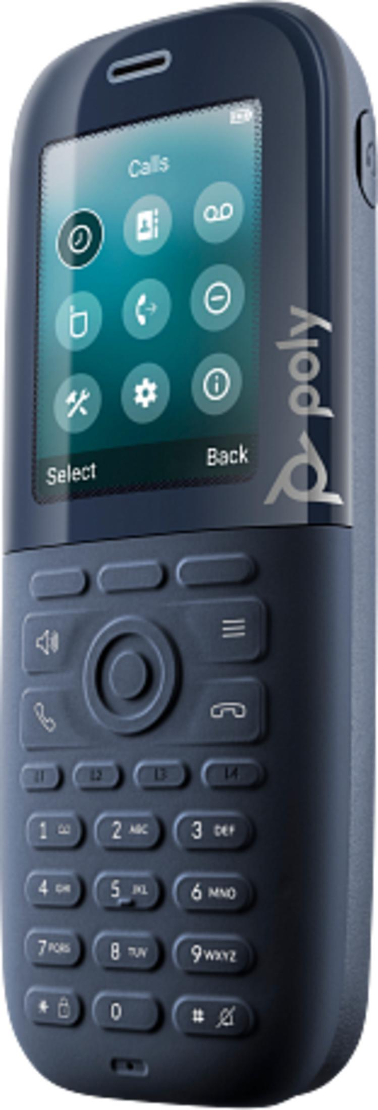 Un telefono Poly blu scuro con schermo che mostra chiamate.