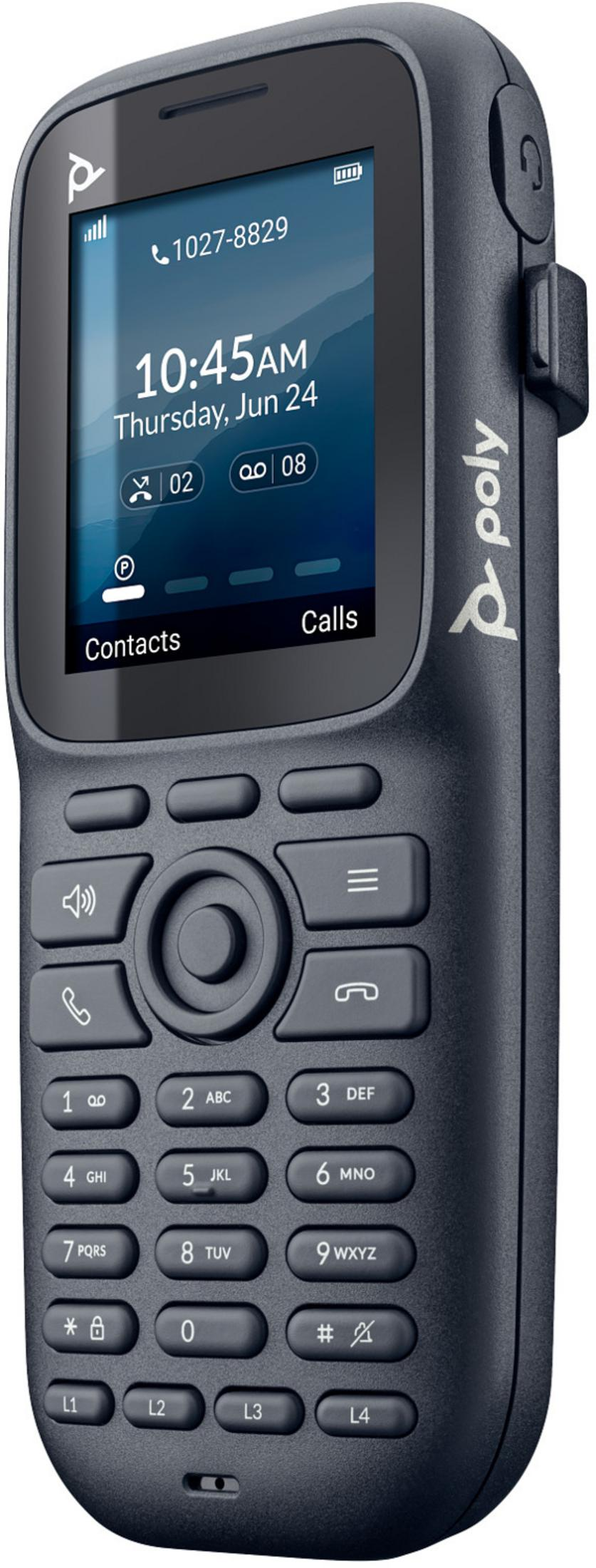 Un telefono Poly scuro con tastiera e schermo illuminato che mostra ora e data.