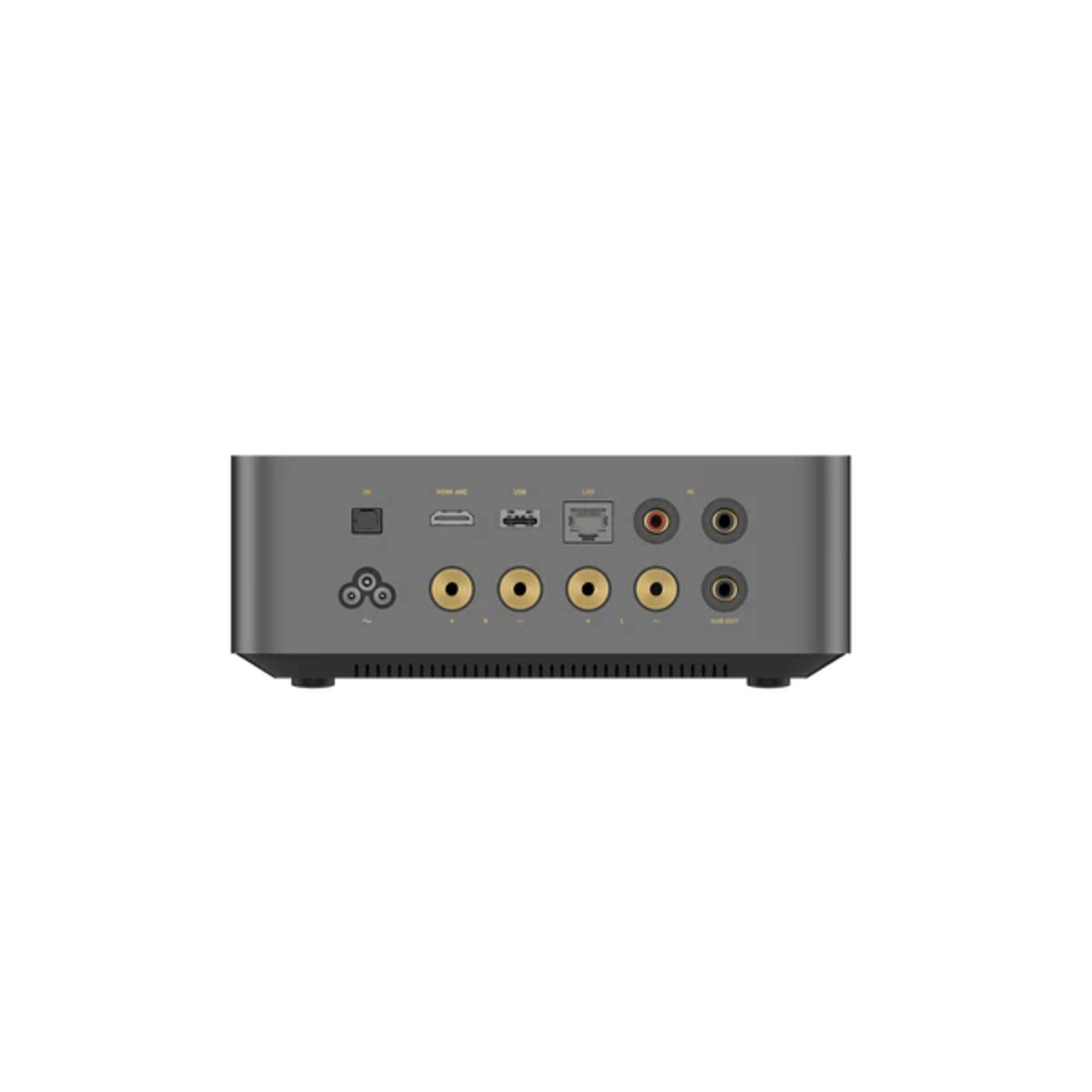 Rückseite eines grauen Geräts mit verschiedenen Anschlüssen wie HDMI, USB und LAN.