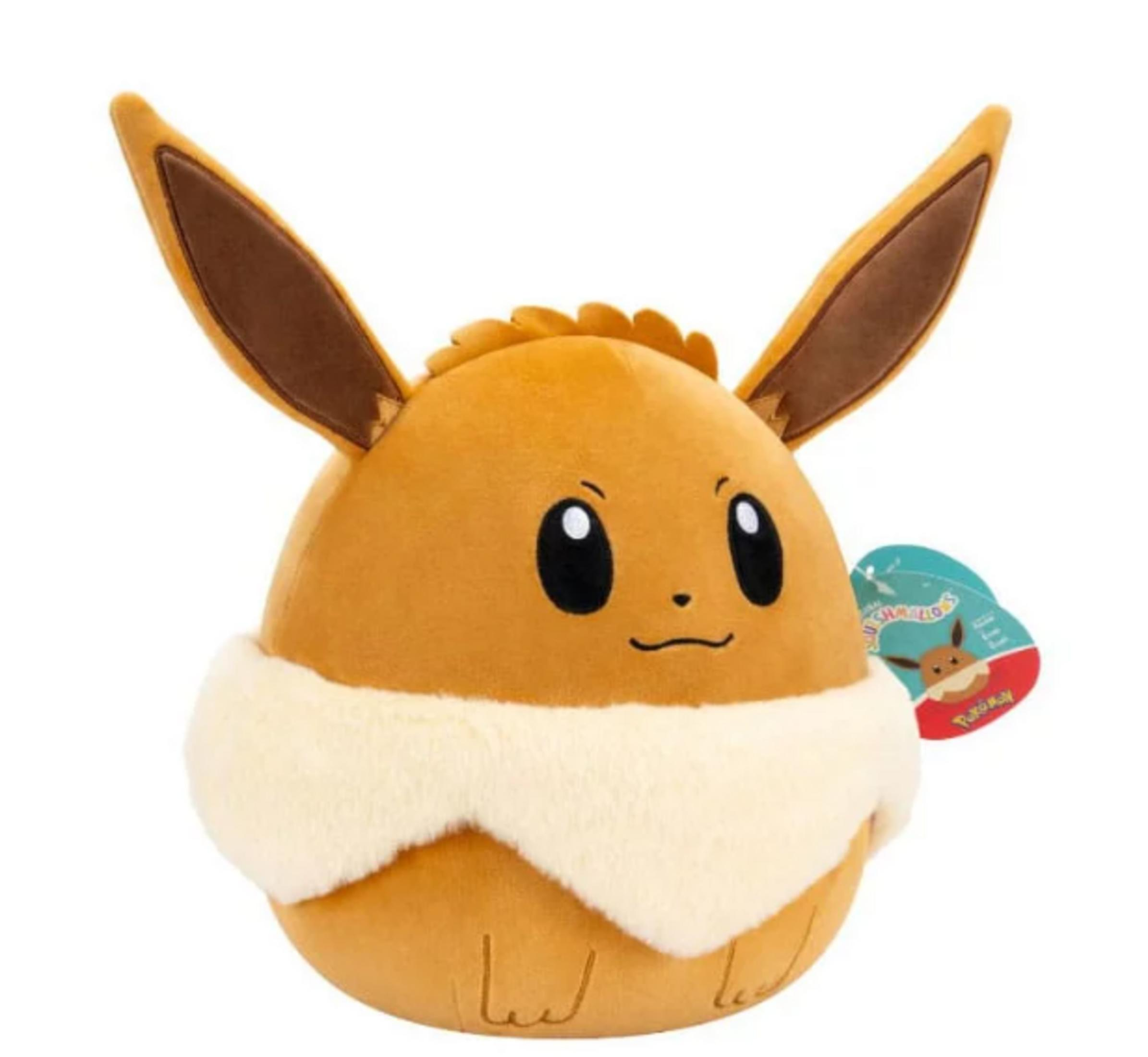 Ein braunes Pokémon-Plüschtier namens Evoli mit großen Ohren und einem weißen Kragen.