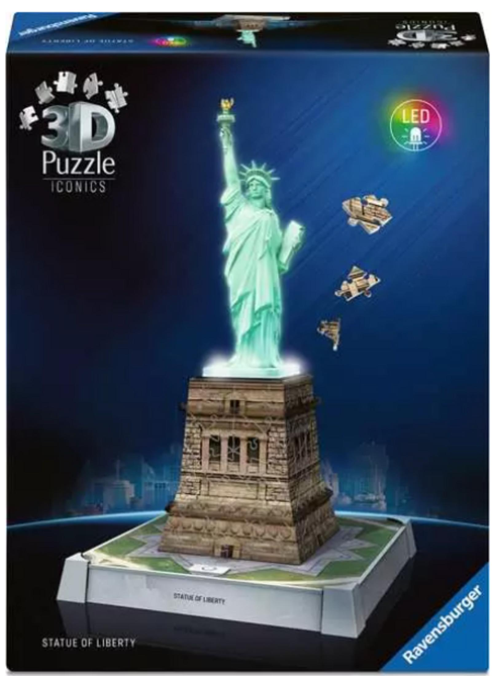 3D Freiheitsstatuen-Puzzle-Box mit LED-Lichtern, zeigt Puzzleteile.