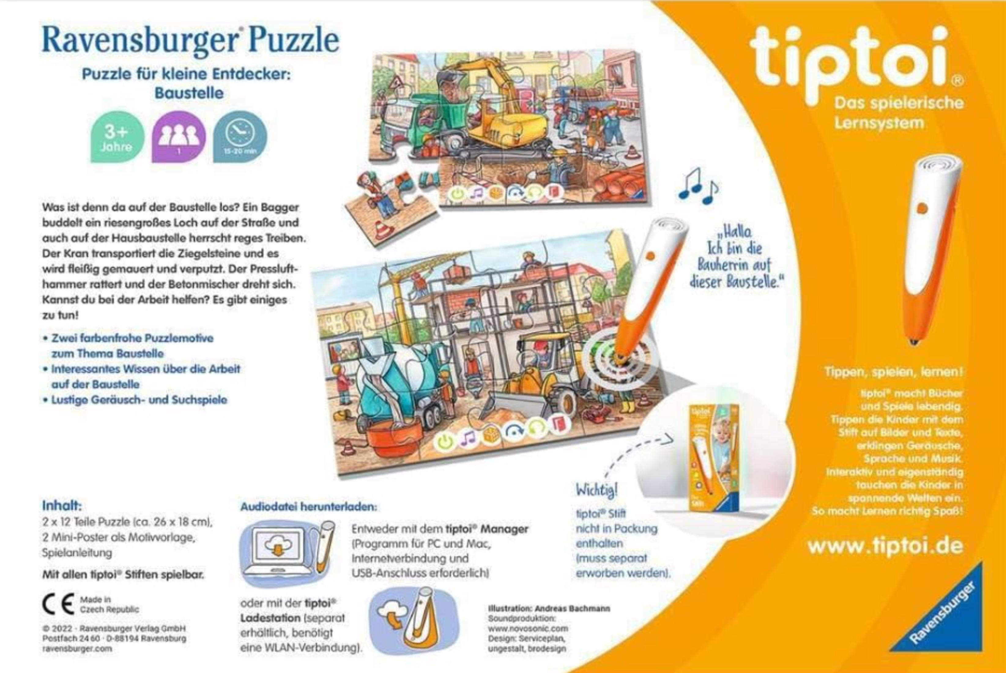 Puzzle Ravensburger: Cantiere. Escavatore, gru, betoniera in un cantiere.