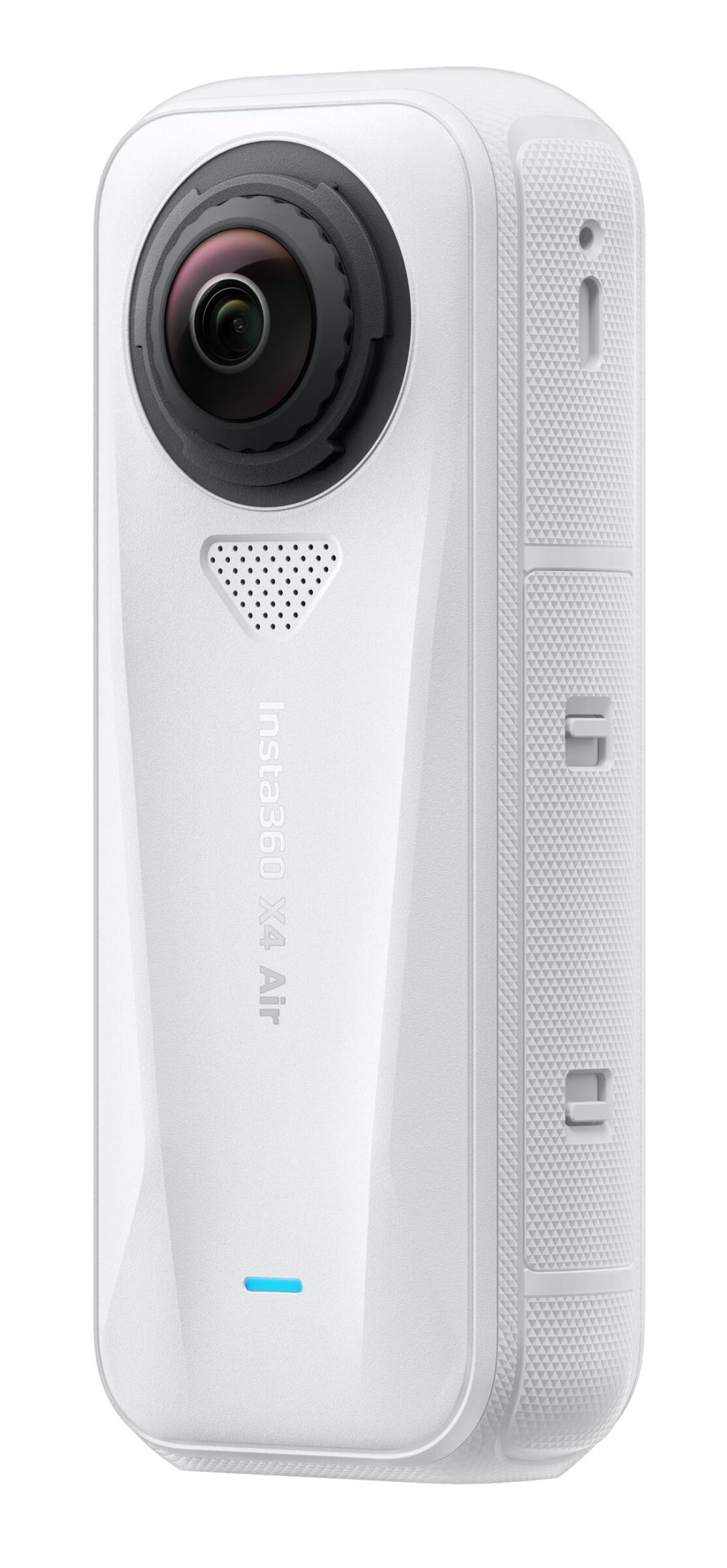 Un dispositivo de cámara 360 Insta360 X4 Air blanco con lente y altavoz.