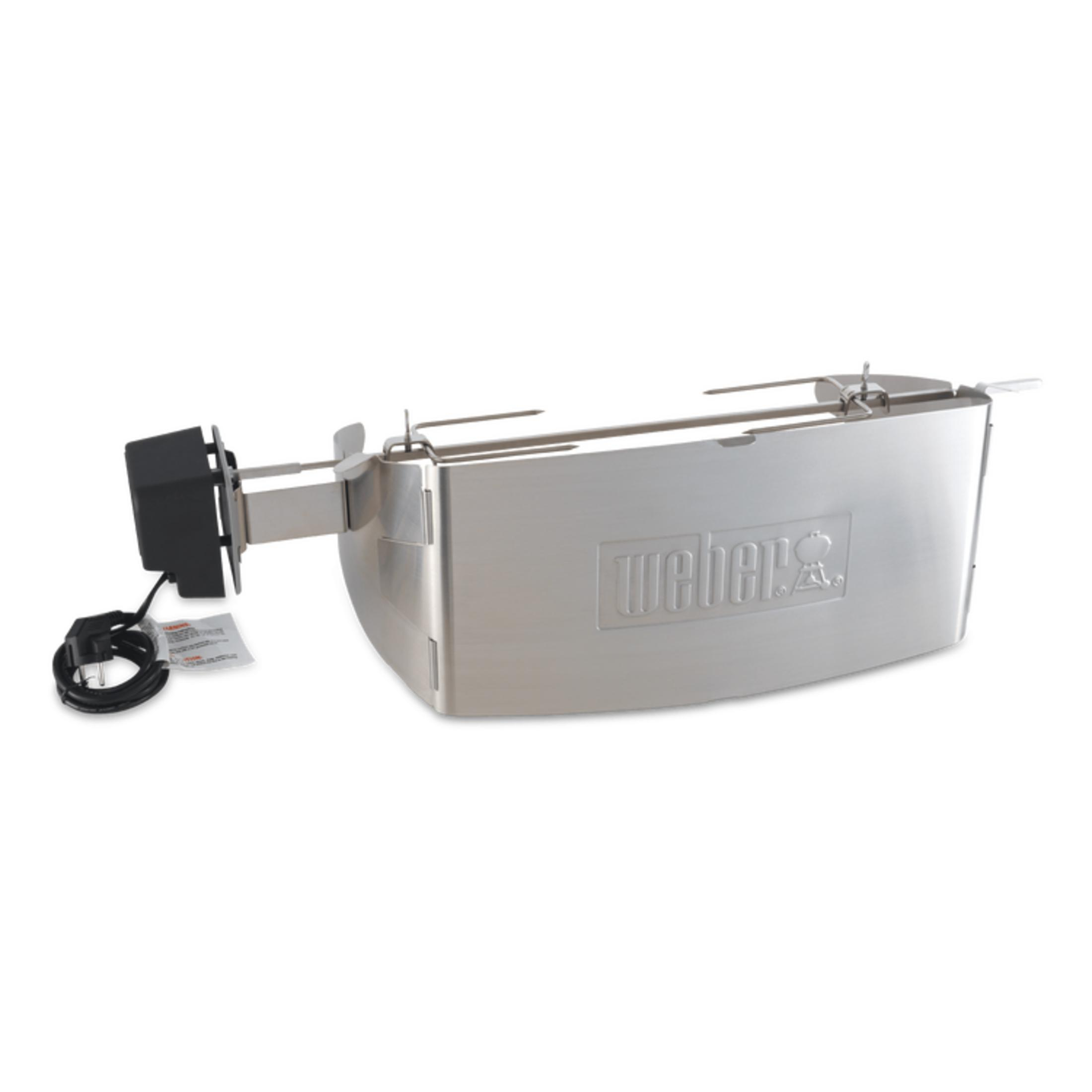 Ein silberner Grillmotor mit schwarzem Gehäuse und Kabel auf weißem Hintergrund.