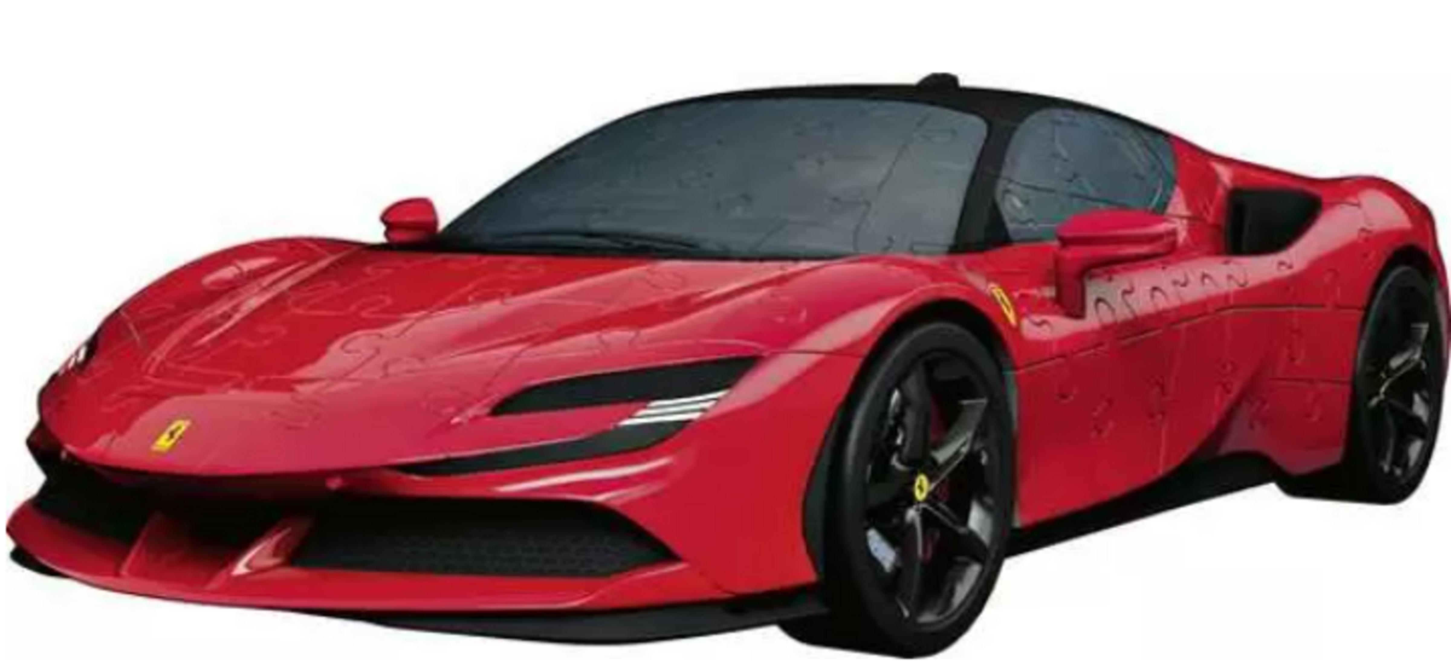 Un'auto puzzle Ferrari rossa con ruote nere e tetto nero.
