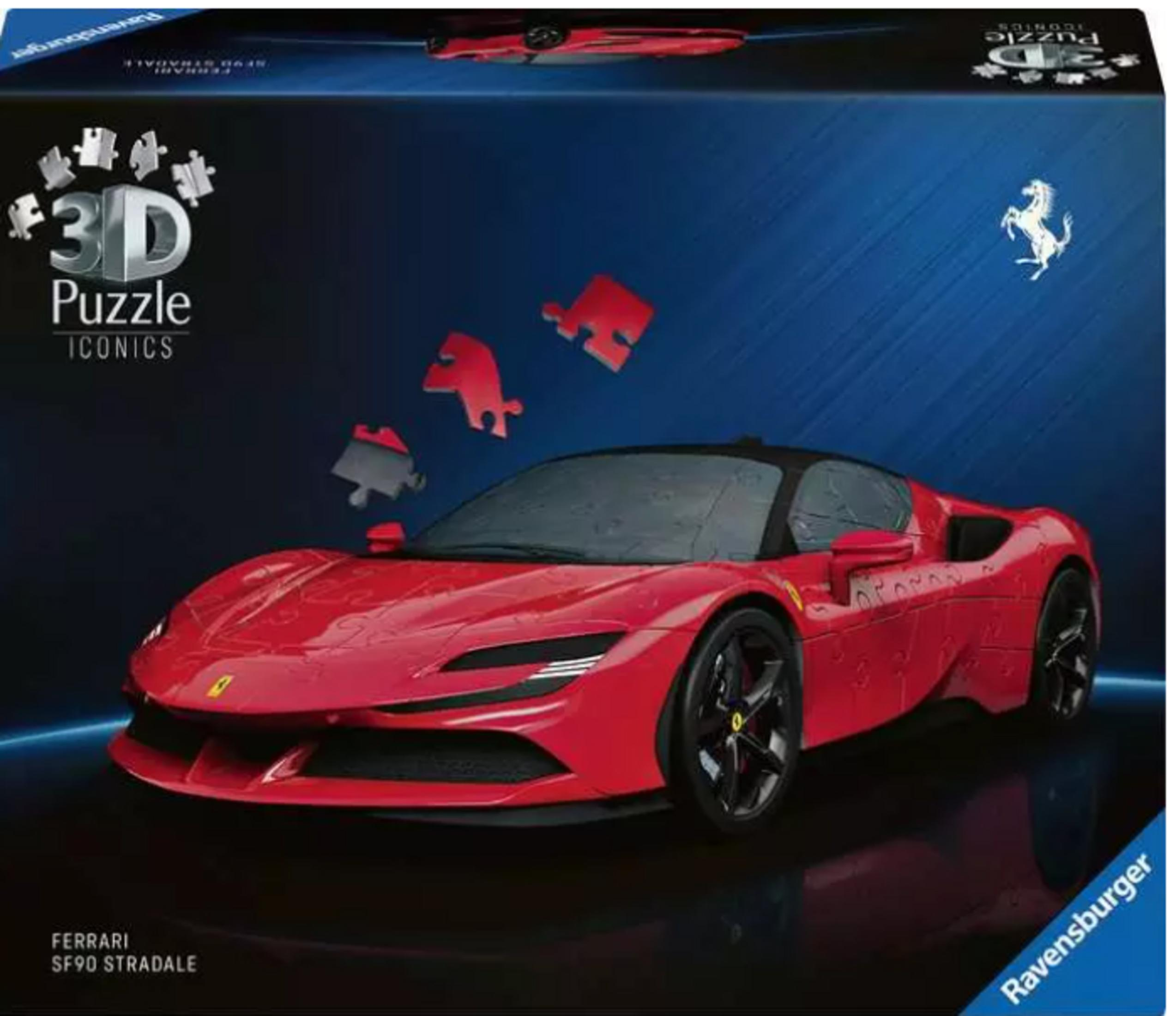 Una scatola di puzzle 3D Ferrari SF90 Stradale rossa con pezzi fluttuanti.