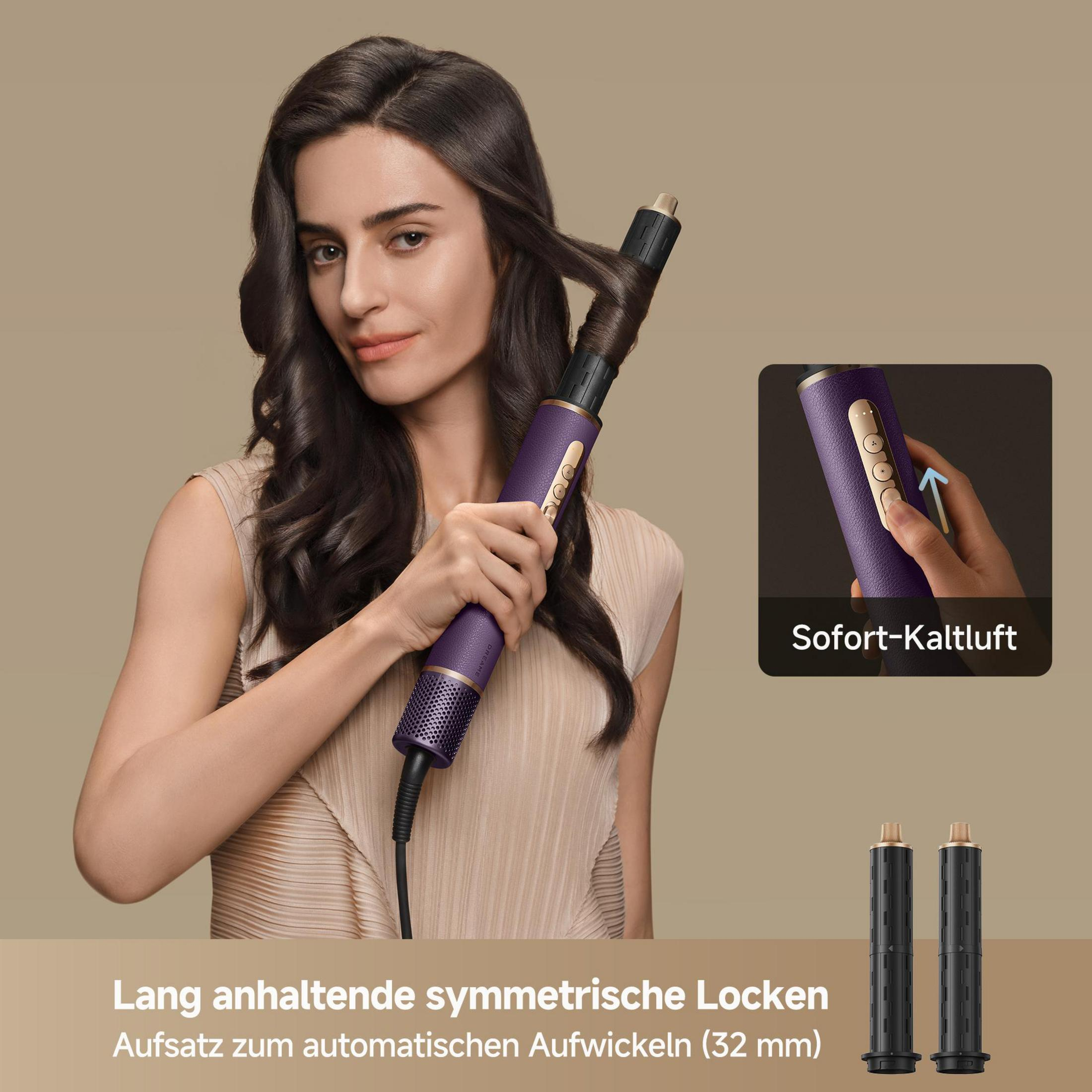 Donna che si acconcia i capelli con arricciacapelli. Funzione aria fredda.