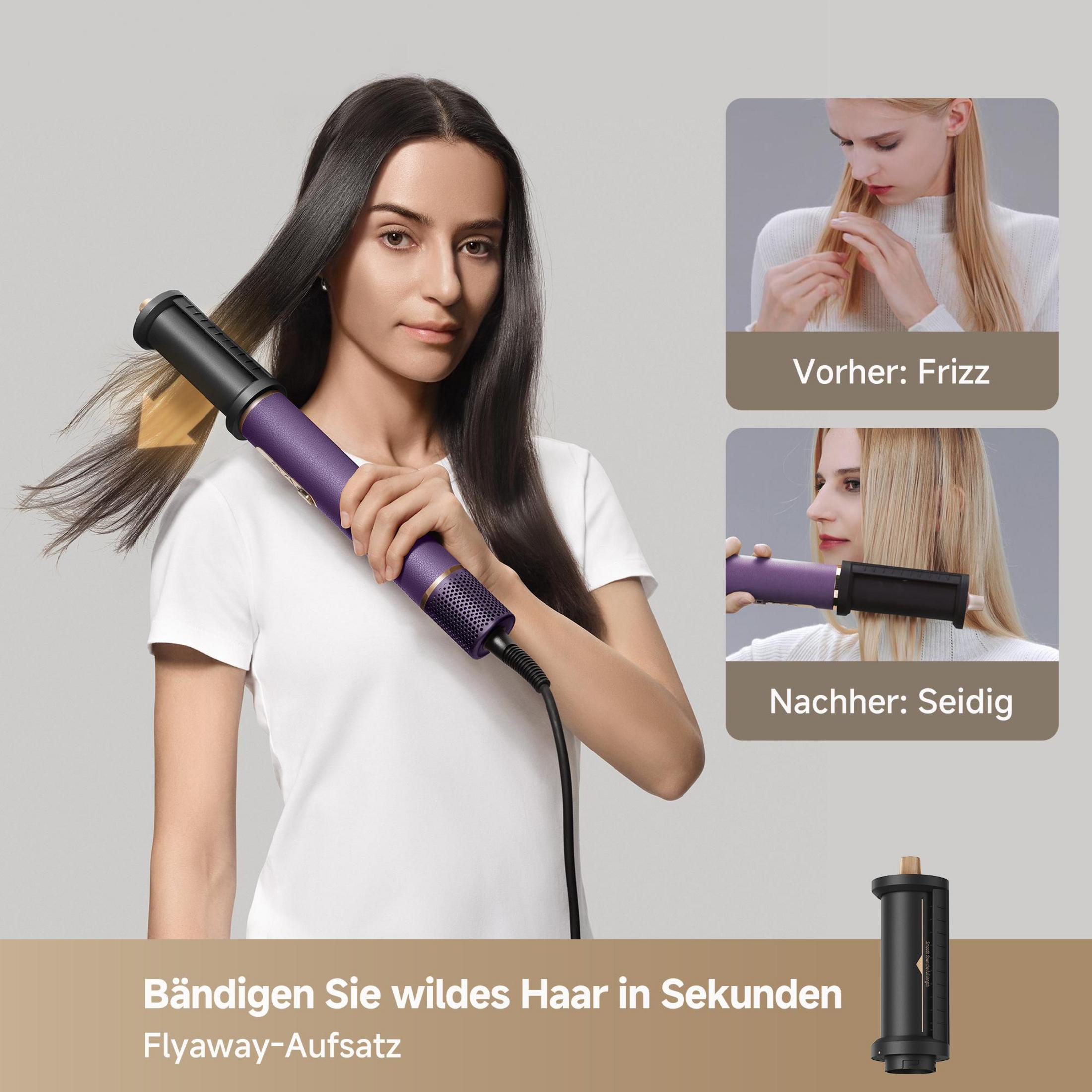 Frau mit lila Haarglätter, der widerspenstiges Haar glättet.