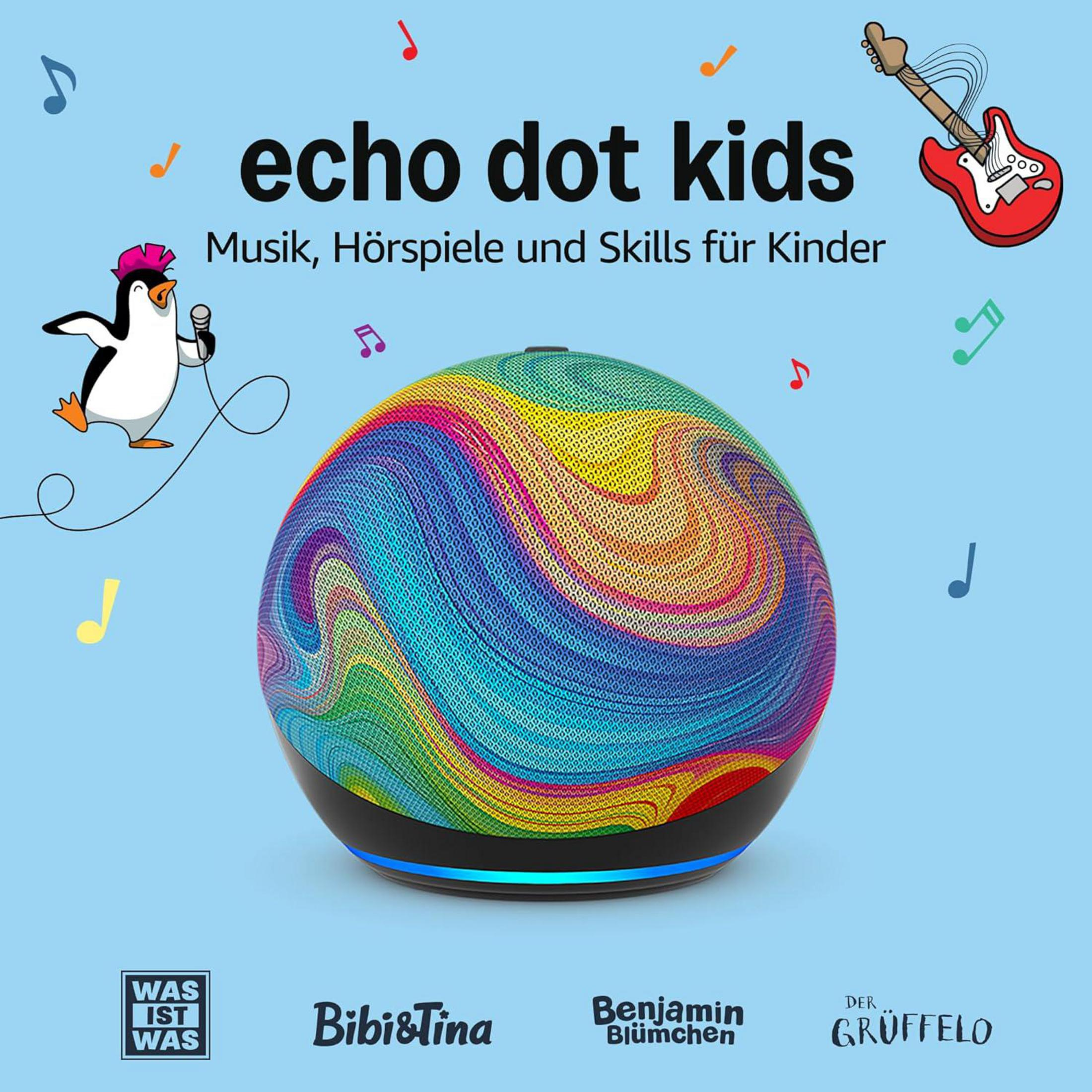 Un Echo Dot Kids coloré avec un pingouin chantant et une guitare.