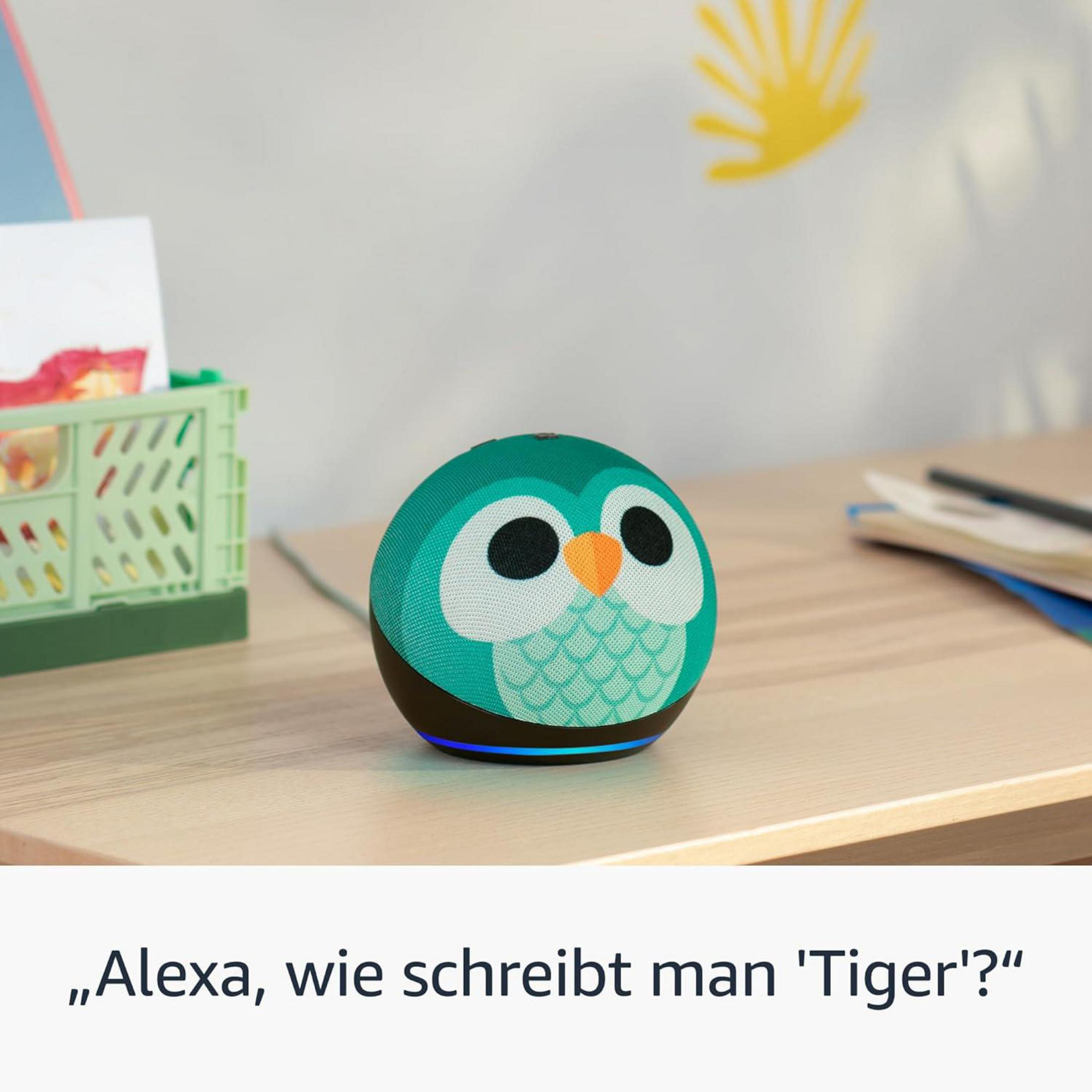 Ein runder, türkisfarbener Lautsprecher mit Eulenmotiv auf einem Holztisch.