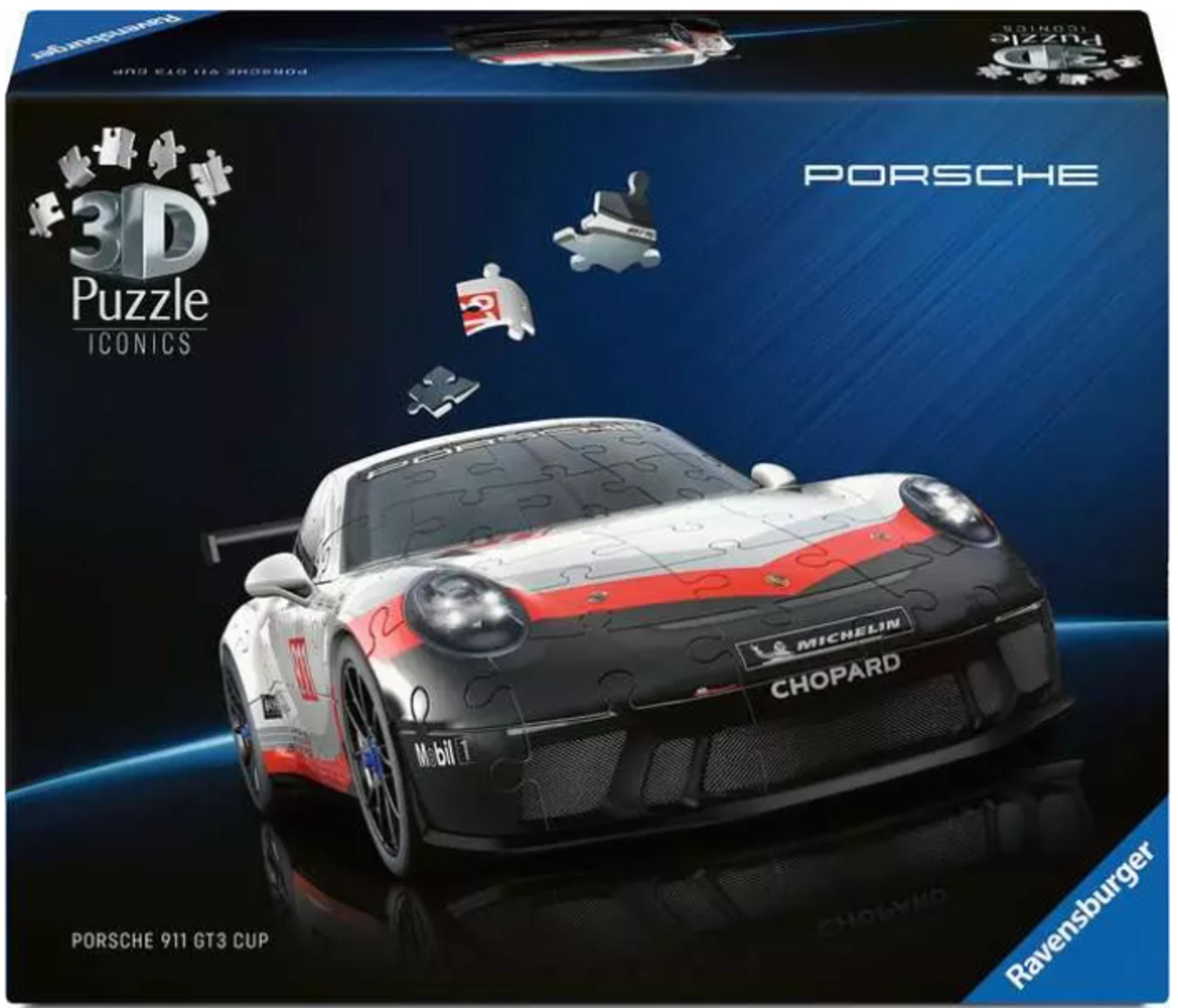 3D-Puzzle der Porsche 911 GT3 Cup Rennwagen-Box mit zerlegten Teilen.
