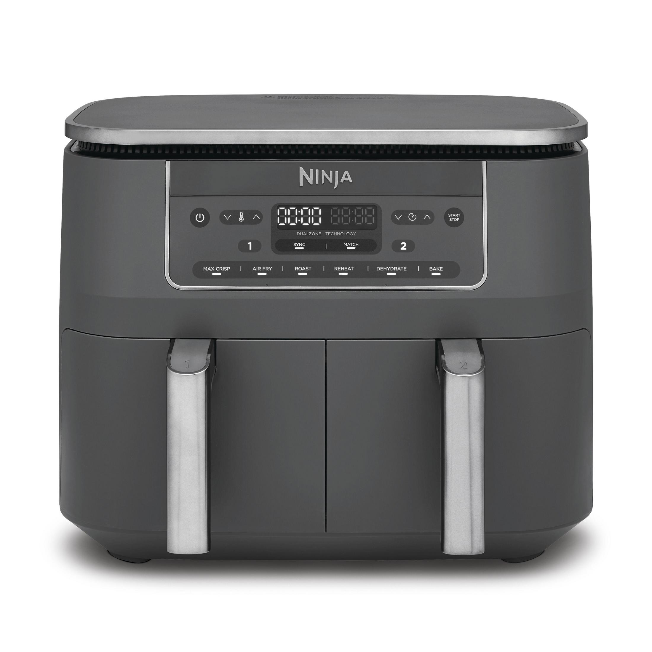 A dark gray Ninja dual zone air fryer with a digital display and cooking function buttons.