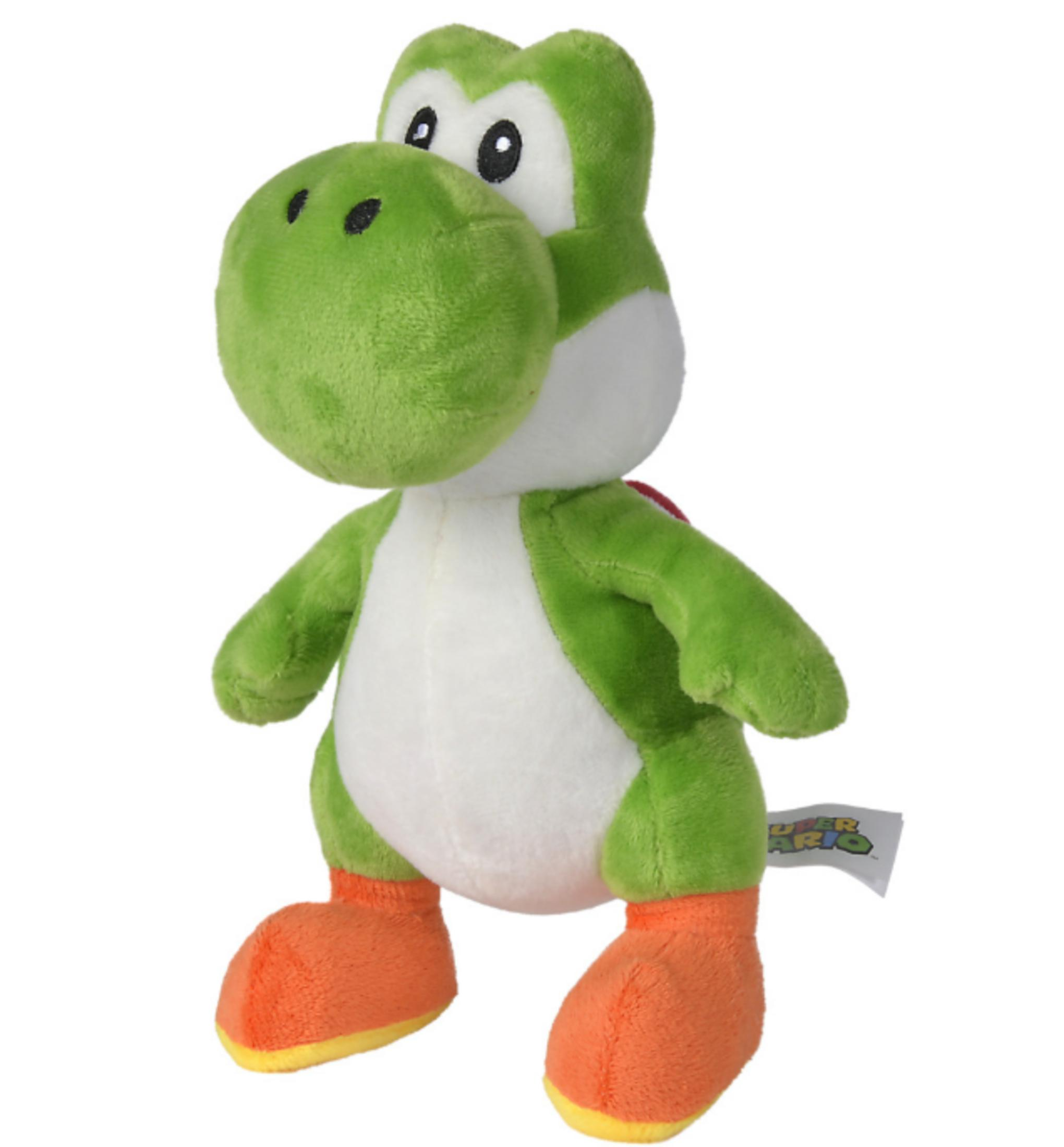 Grüner Yoshi Plüschtier mit orangefarbenen Schuhen auf weißem Hintergrund.