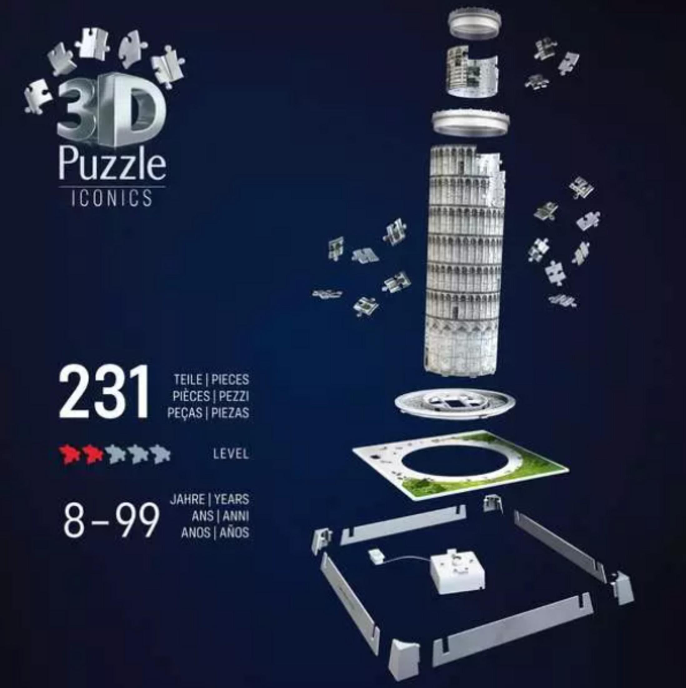 Puzzle 3D della Torre di Pisa, 231 pezzi, Livello 3, età 8-99.