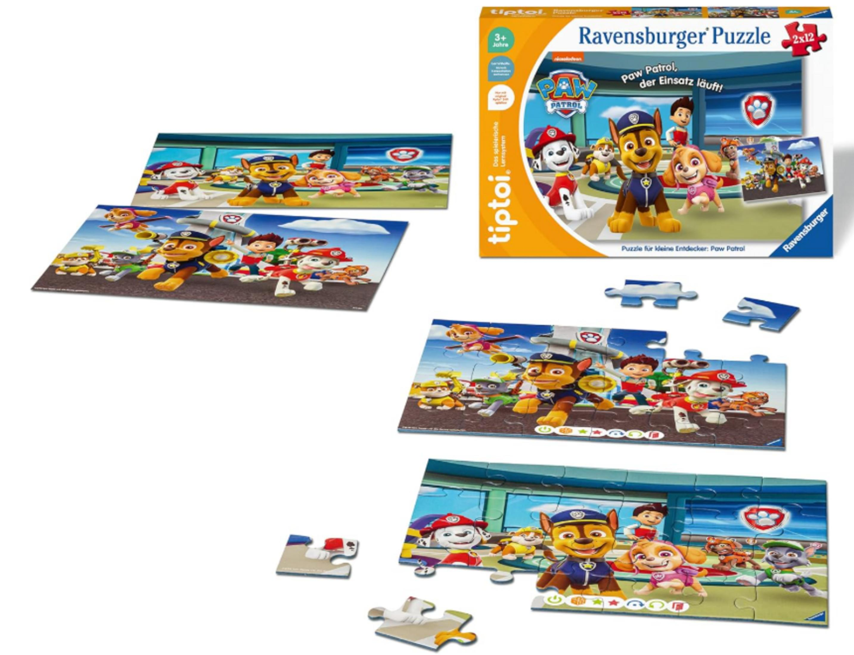 Puzzle Ravensburger Paw Patrol con Chase, Skye e Marshall su una pista da corsa.