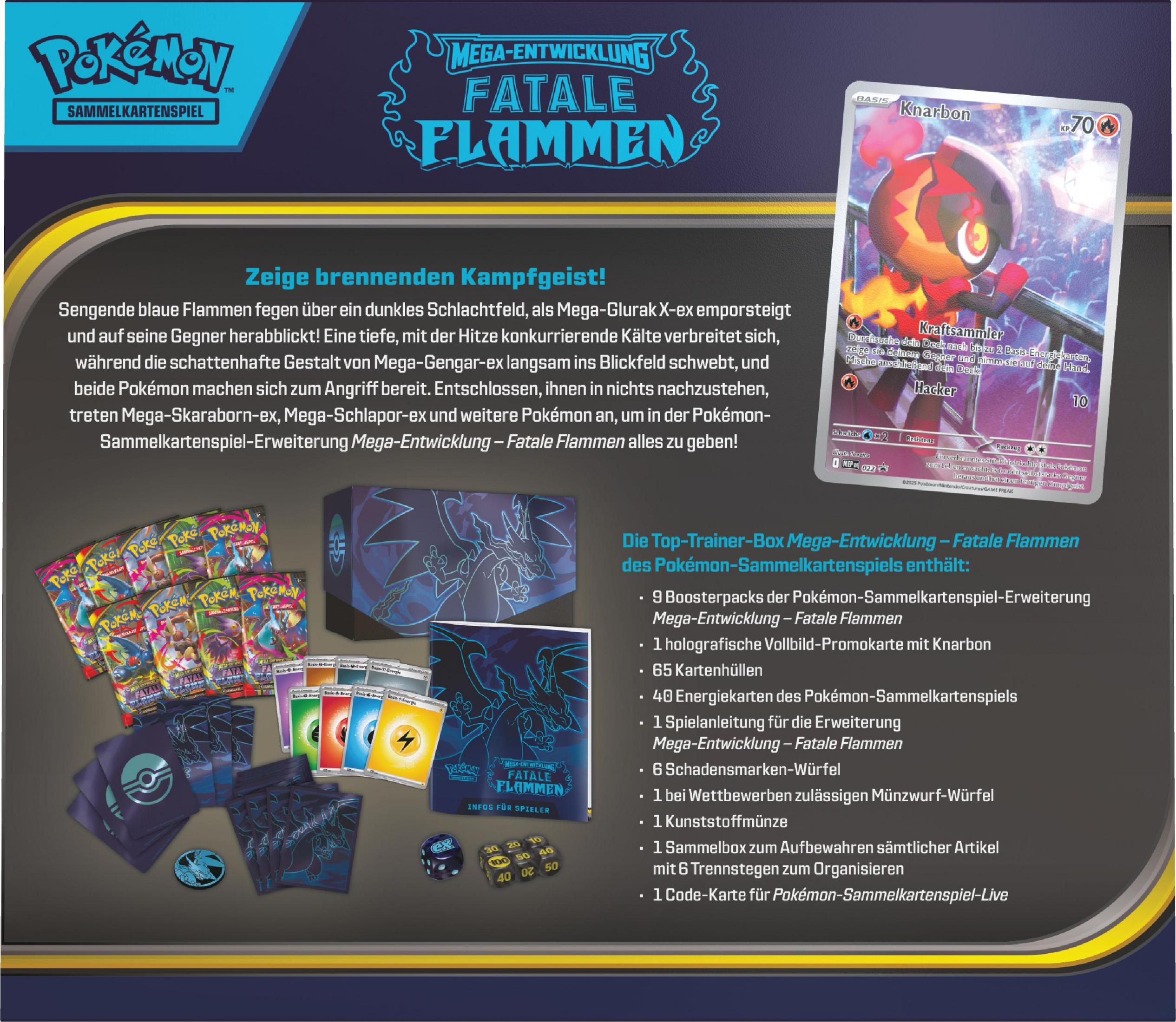 Pokémon Sammelkartenspiel: Mega-Entwicklung Fatale Flammen Top-Trainer-Box mit Knarbon-Karte.