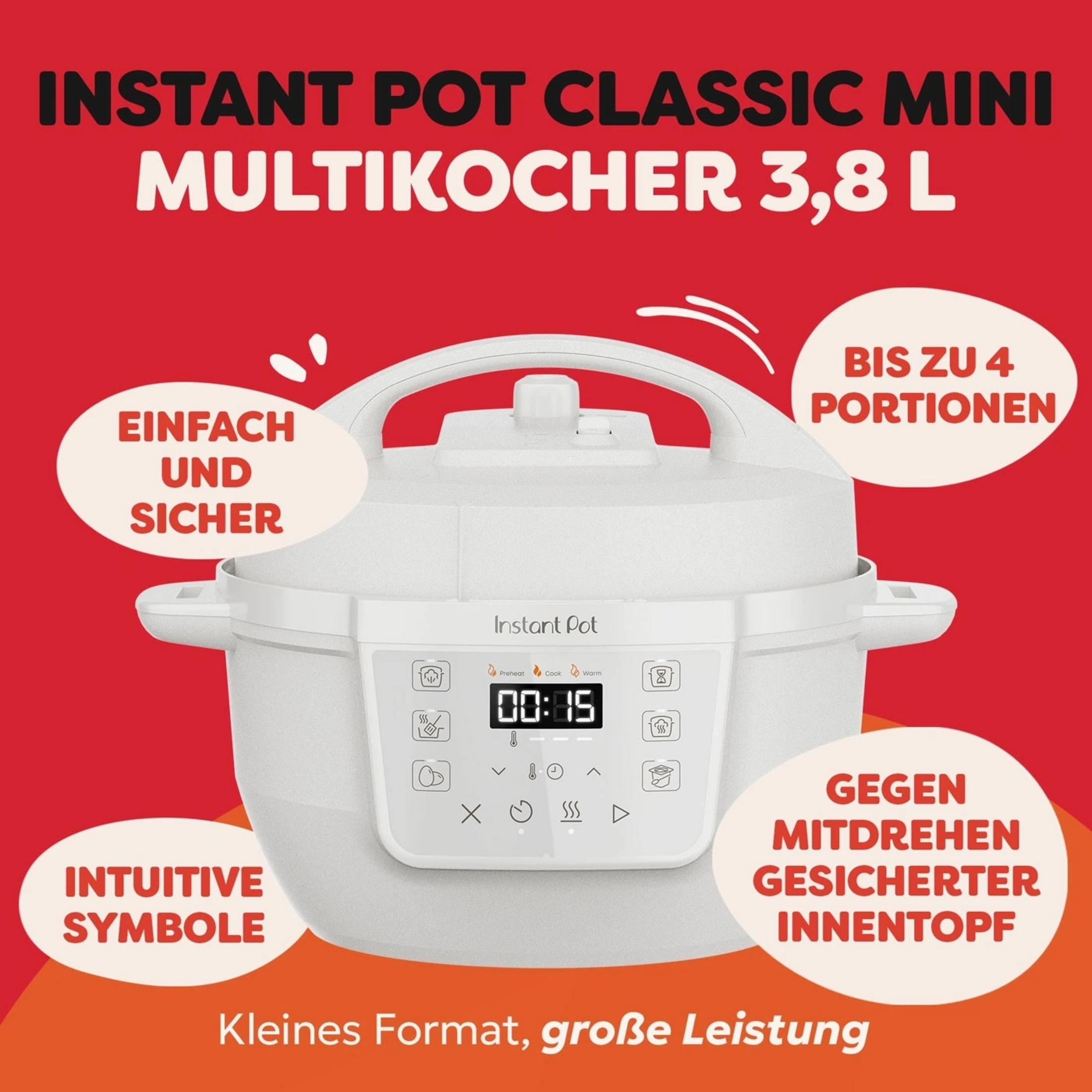 Een witte Instant Pot Multicooker 3,8L met digitaal display en symbolen.
