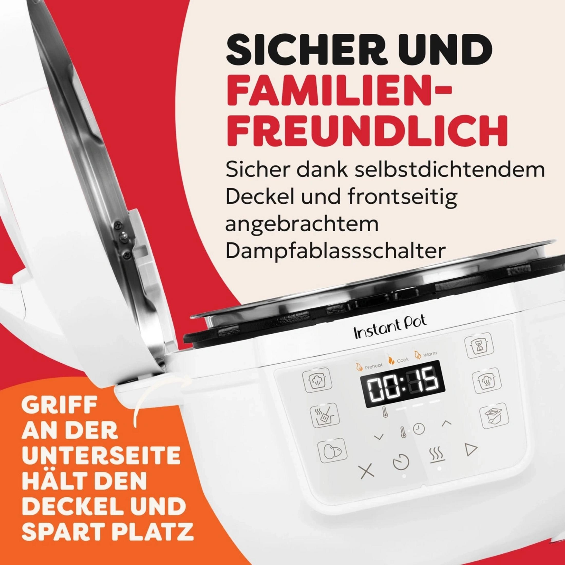 Een witte Instant Pot met open deksel en digitale display 00:05.