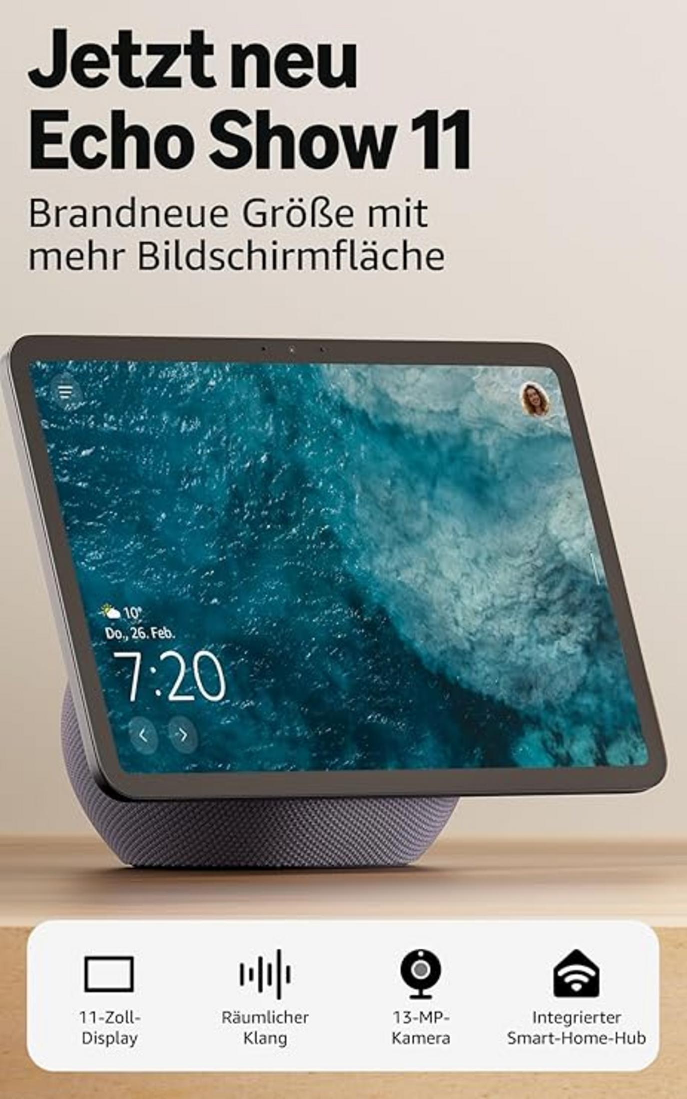 Echo Show 11 mit 11-Zoll-Display, 13-MP-Kamera und Smart-Home-Hub.