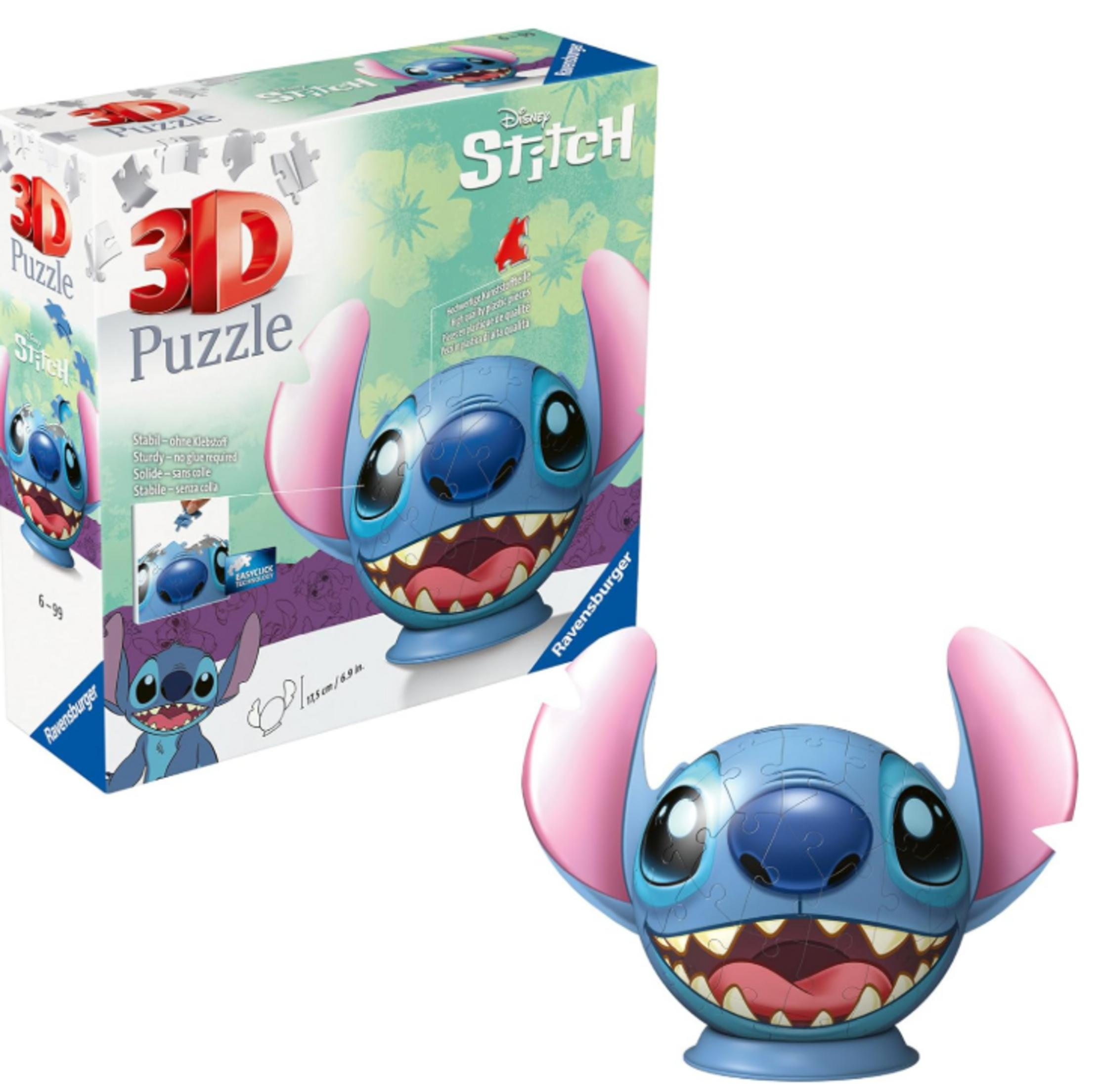 Ein 3D-Puzzle von Stitch aus Disney mit seiner Box und dem fertigen Modell.
