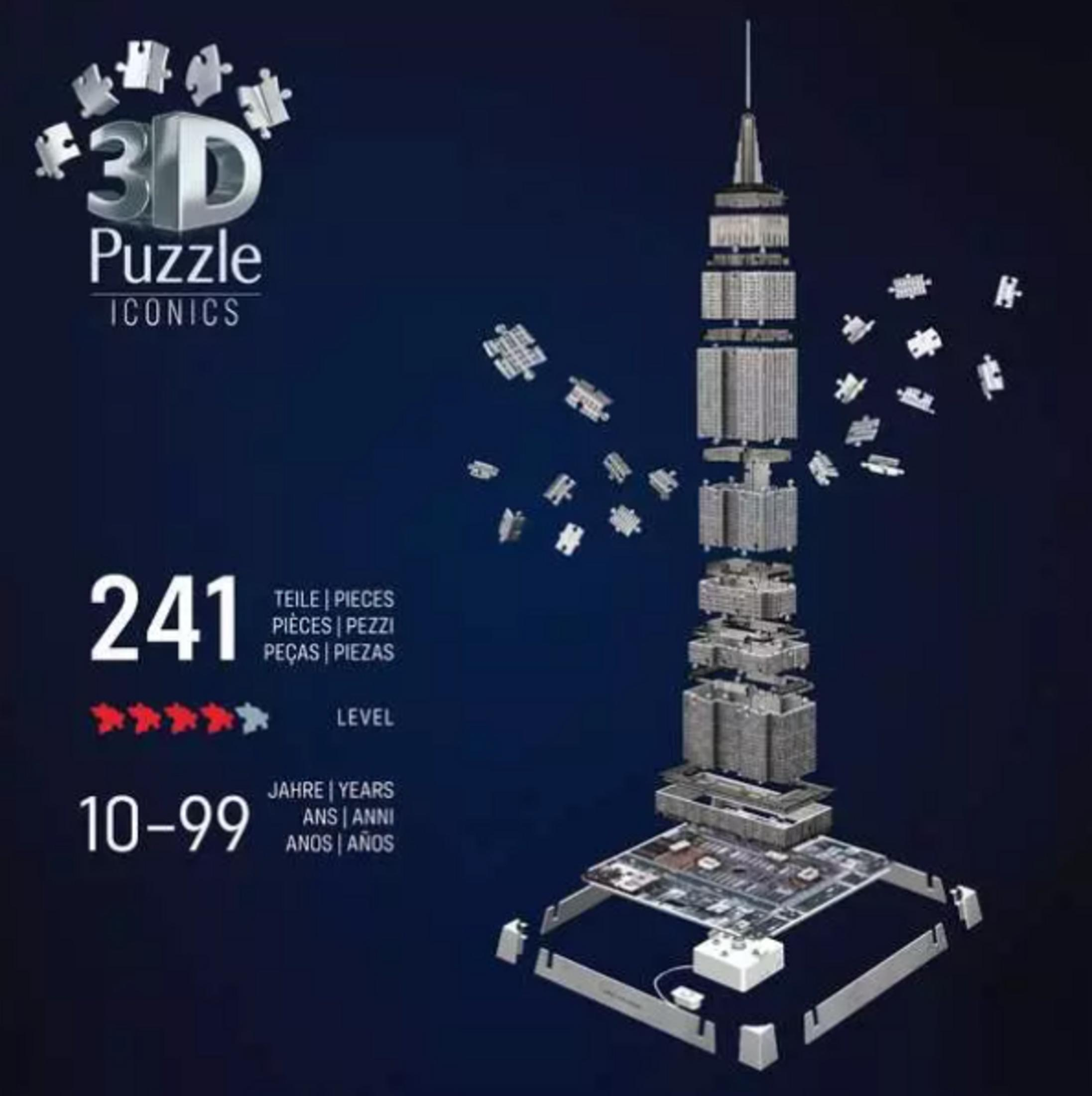 3D Puzzle Bausatz des Empire State Buildings mit 241 Teilen, für 10-99 Jahre.