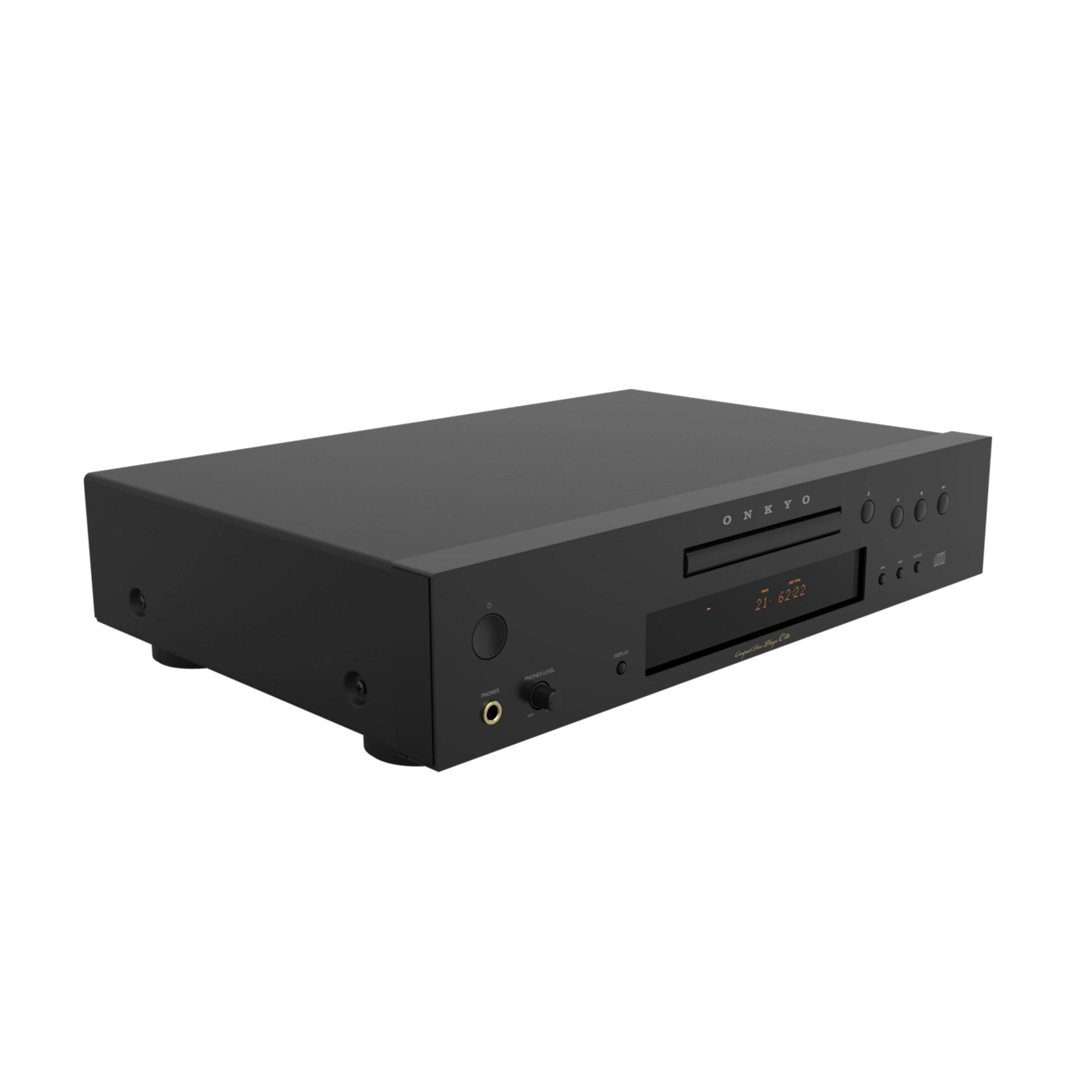 Schwarzer CD-Player mit silbernen Bedienelementen und Display.