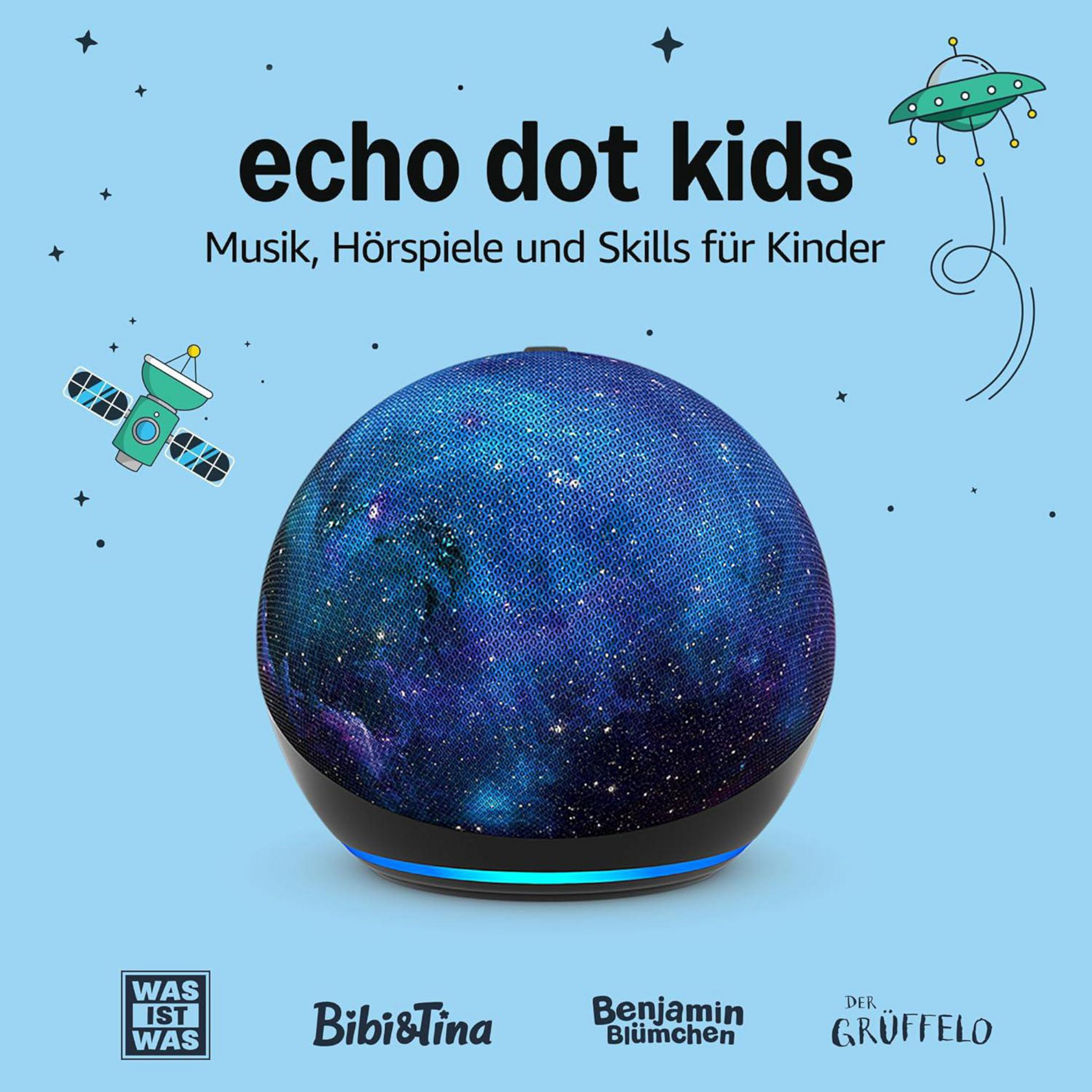 Echo Dot Kids mit Sternenmuster, UFO, Satellit und Logos für Kinder.