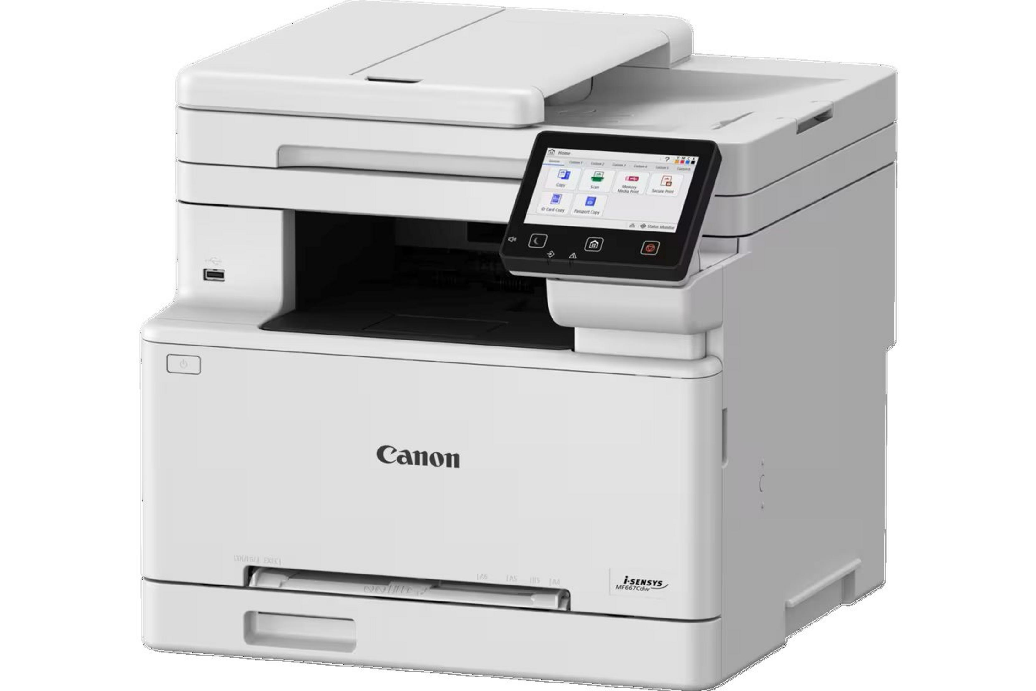 Biała drukarka Canon i-SENSYS MF667Cdw z ekranem dotykowym.