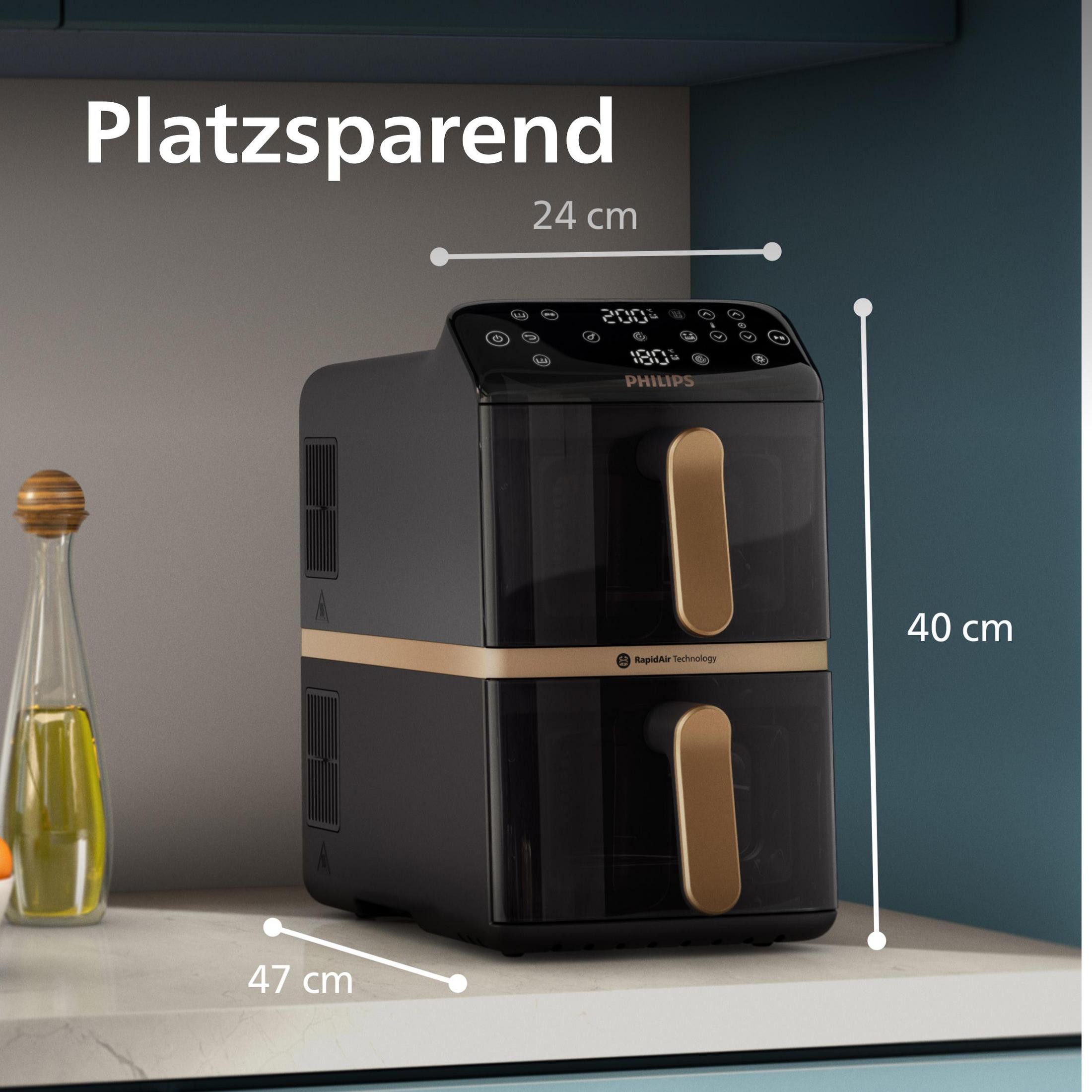 Schwarzer Philips Doppel-Heißluftfritteuse mit goldenen Griffen und Maßen.