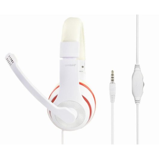 Cuffie bianche con microfono, jack audio e controllo volume su sfondo bianco.