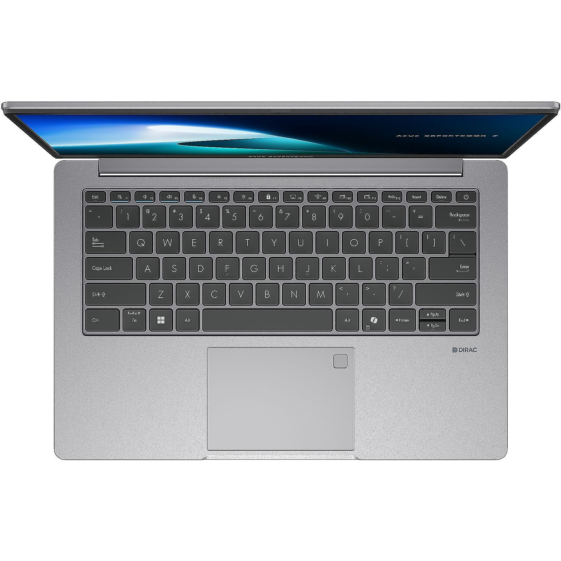 Un laptop argentato con il display aperto, che mostra un paesaggio blu.