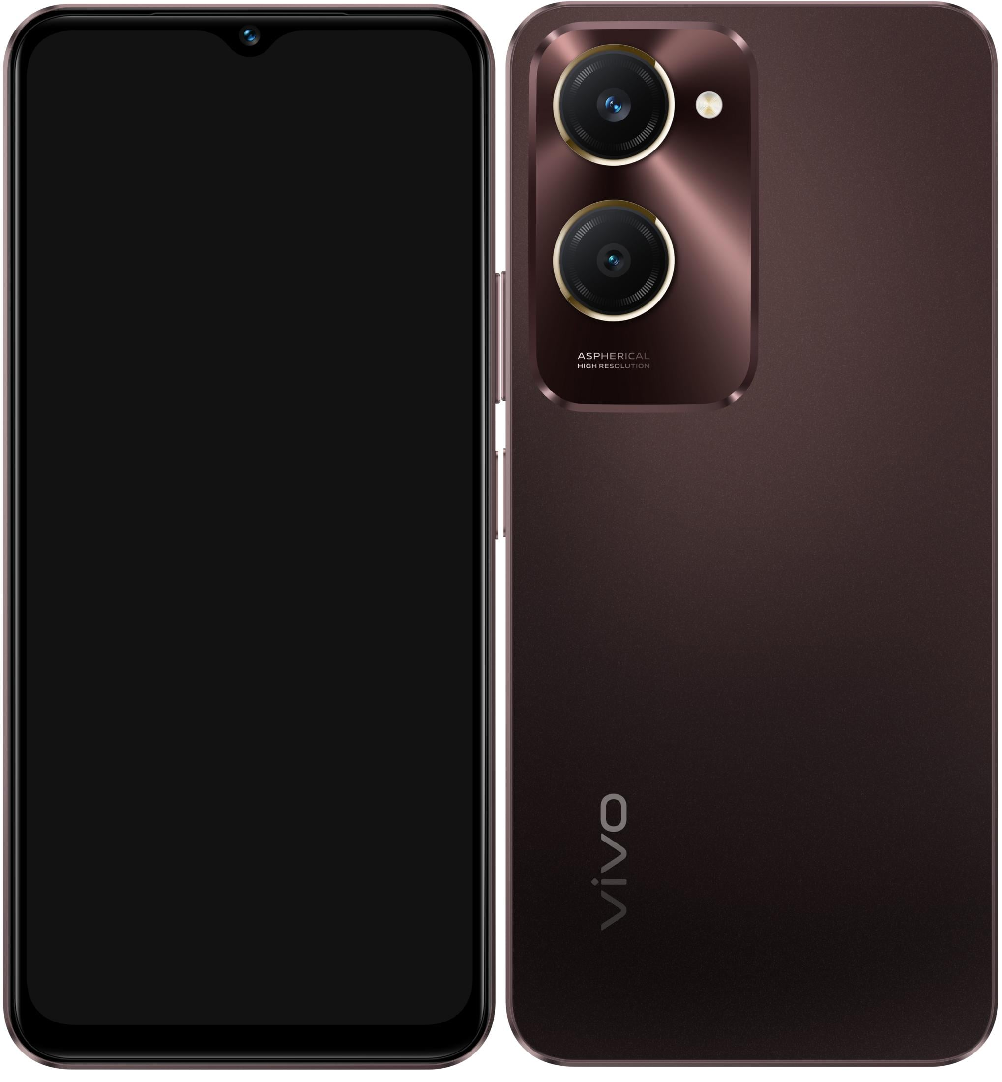Uno smartphone marrone, fronte scuro, retro con due fotocamere e logo Vivo.