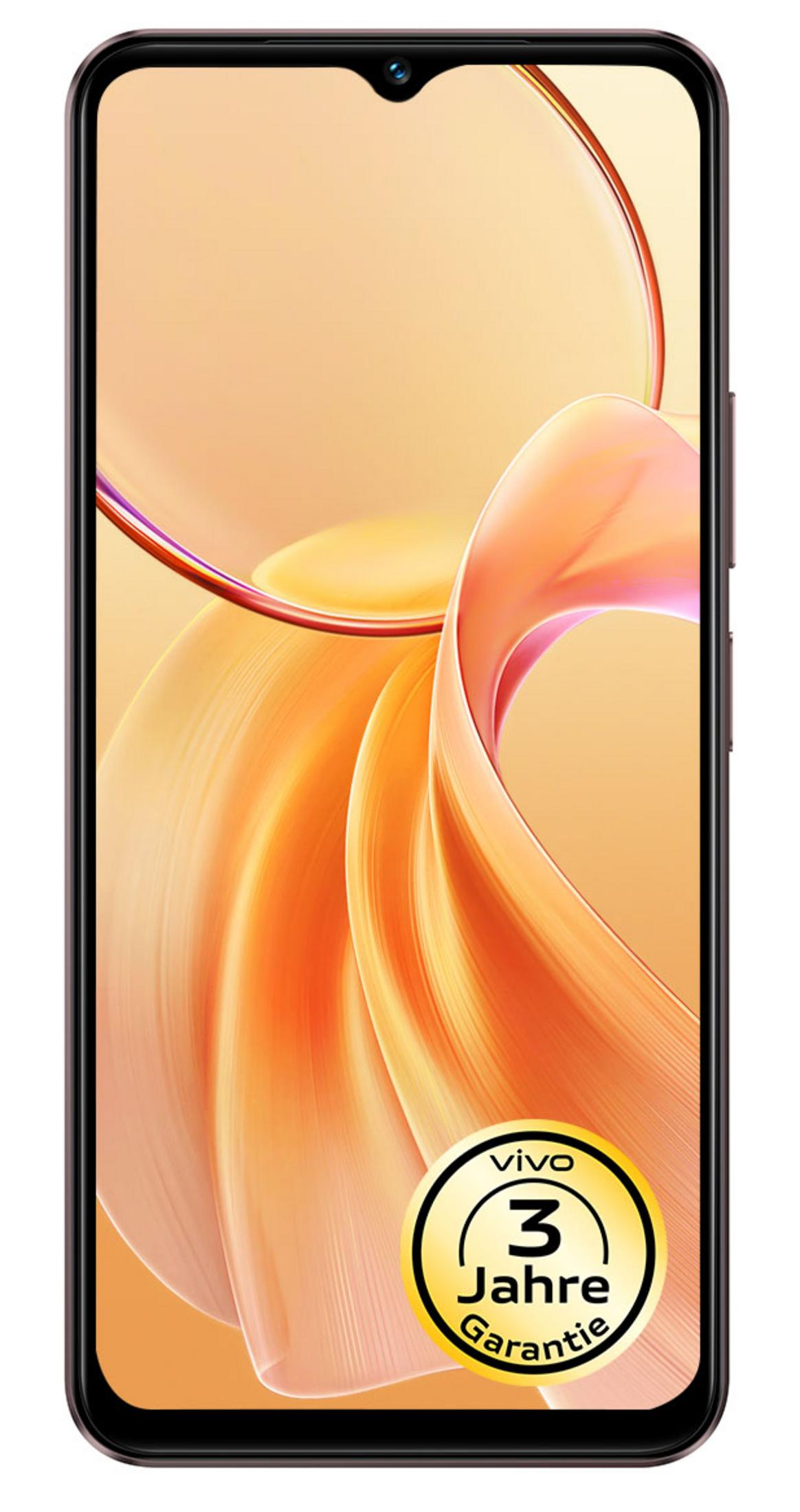Uno smartphone nero con sfondo a motivi ondulati arancioni e sigillo di 3 anni di garanzia.
