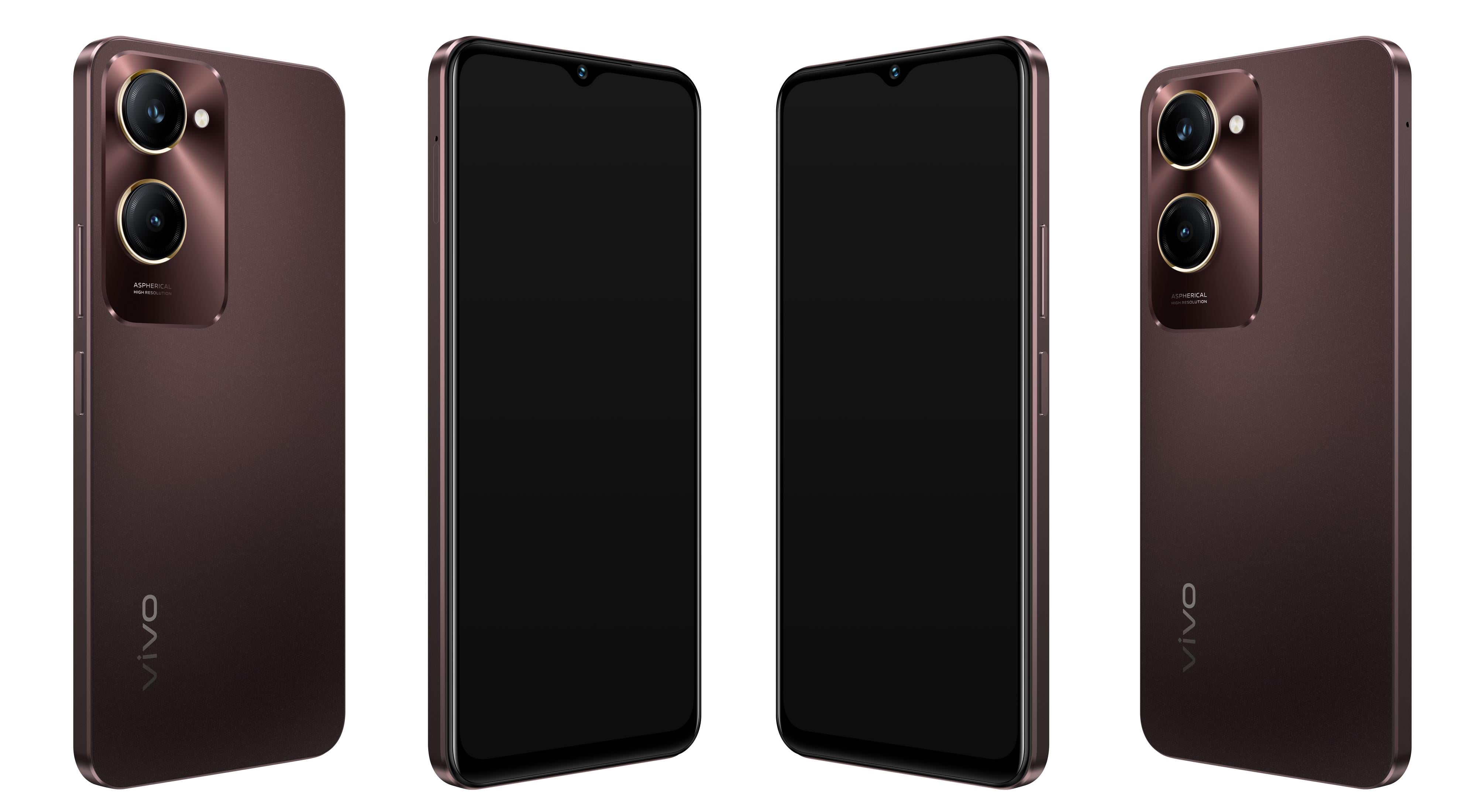Quattro viste di uno smartphone marrone scuro con doppia fotocamera e logo VIVO.
