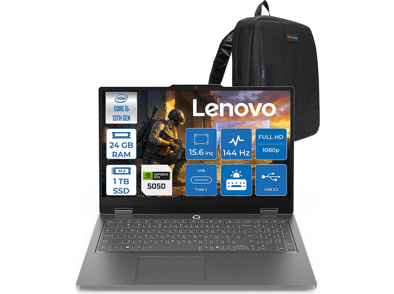 LENOVO Loq Essential 15IRX11 8 GB RTX5050 144 Hz 83SC000QTRF06 Intel Core i5-13450 24 GB RAM 1 TB SSD 15,6 inç FreeDOS Laptop+Çanta Gri