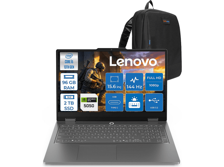 LENOVO Lenovo Loq Essential Intel Core i5 13450HX 96GB 2TB SSD 8GB/RTX5050/65W 83SC000QTRF31 +ZettaÇNT Intel Core i5 13450HX 96 GB RAM 2 TB SSD 15,6 inç İşletim Sistemi Bulunmuyor Oyun Bilgisayarı Gri