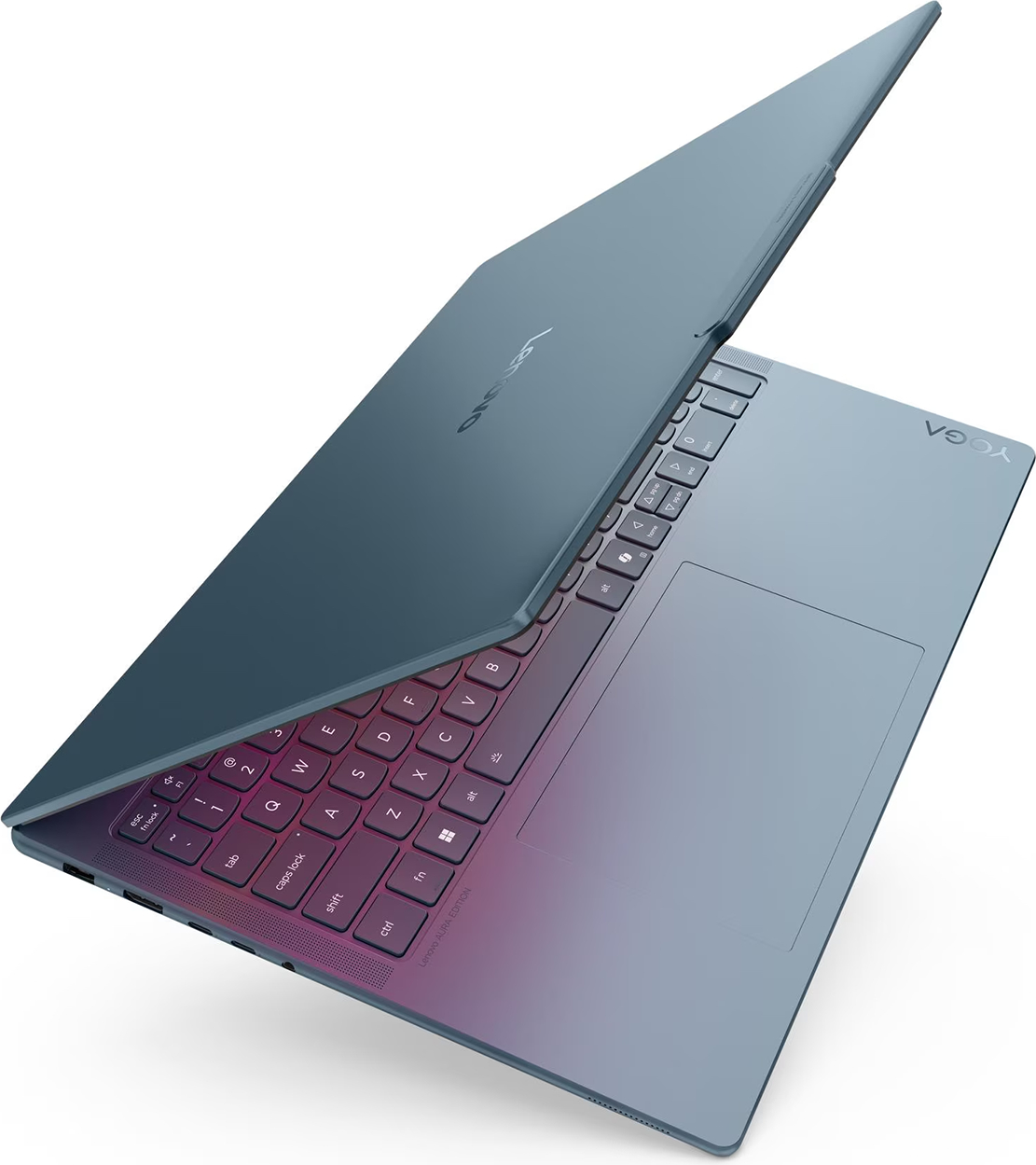Arkadan aydınlatmalı klavyeli açık mavi bir Lenovo Yoga dizüstü bilgisayar.