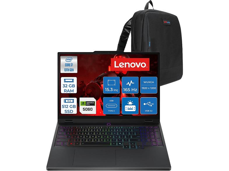 LENOVO Legion 5 8 GB RTX5060 Wuxga IPS 165 Hz 83LY00B7TRF09 Intel Core i7-13650HX 32 GB RAM 512 GB SSD 15,3 inç FreeDOS Laptop+Çanta Siyah