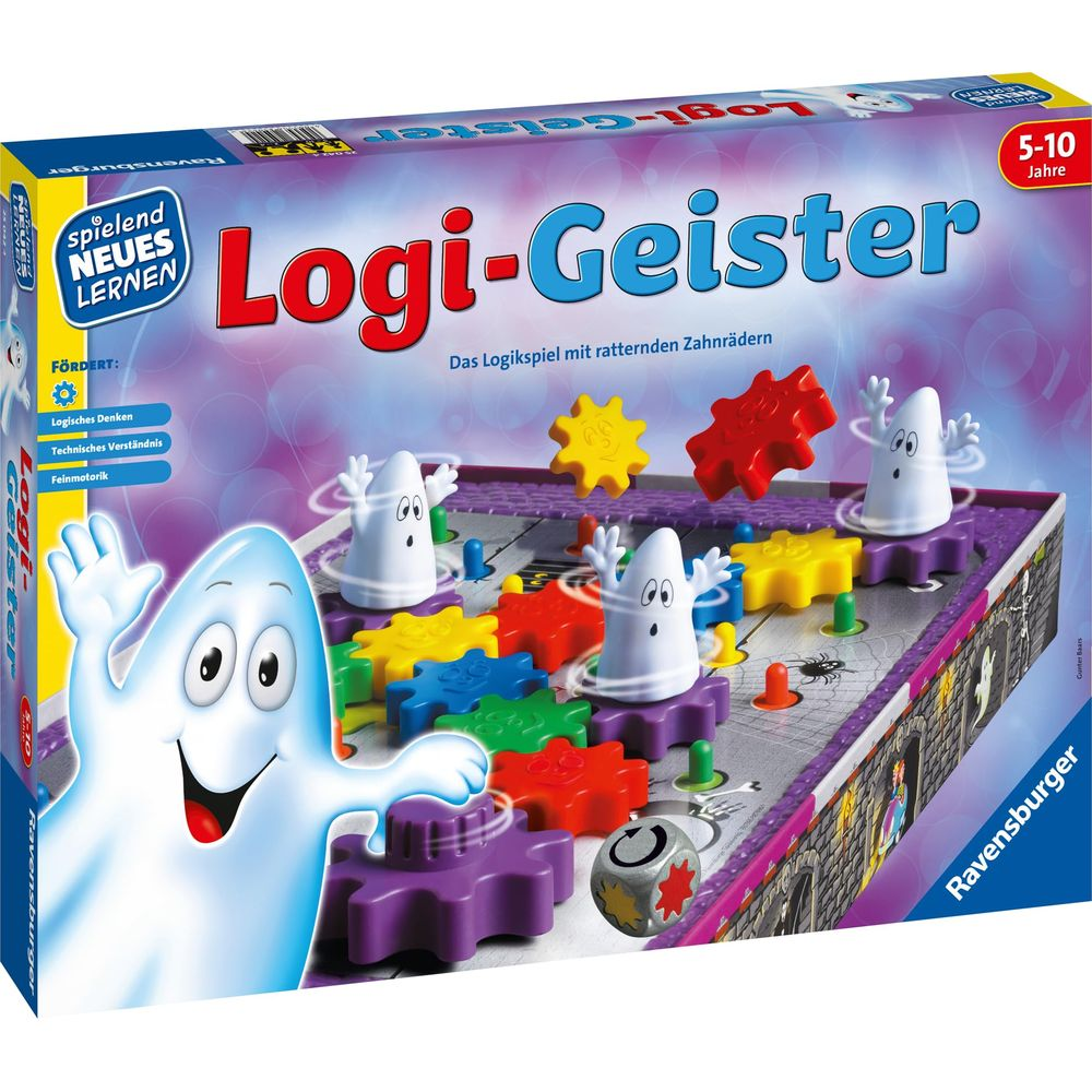 Brettspiel mit Geisterfiguren und bunten Zahnrädern, Ravensburger Logi-Geister.
