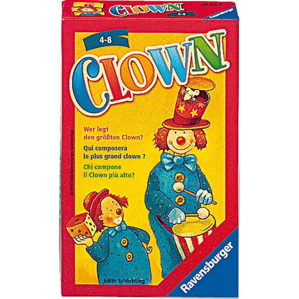 Spielschachtel mit Clowns, die einen Trommel spielt und einen Würfel hält.