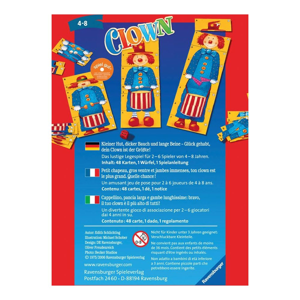 Ein Spiel für 2-6 Spieler von 4-8 Jahren mit Clown-Motiv.
