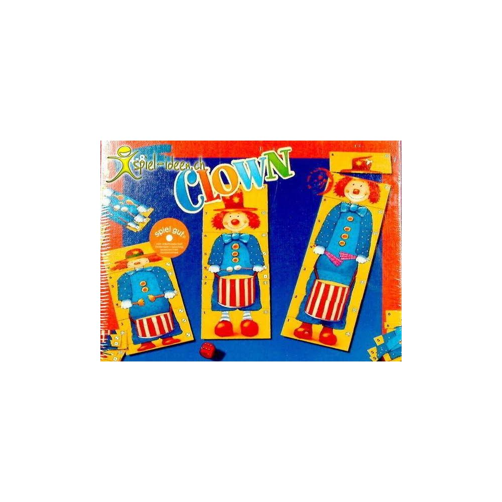 Spiel "Clown" mit drei Clown-Figuren zum Ankleiden und einem Würfel auf blauem Hintergrund.