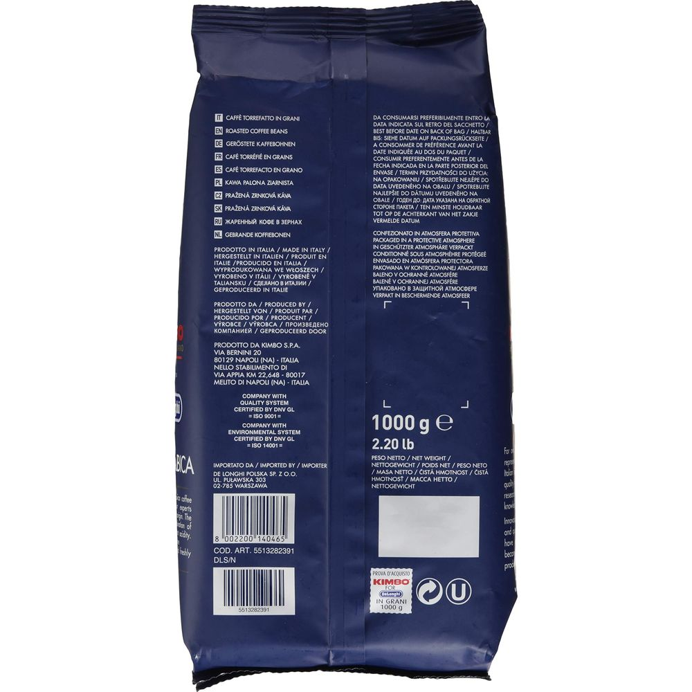 Dunkler Kaffeebeutel mit Aufdruck: Kimbo, 1000g, ganze Bohnen, made in Italy.