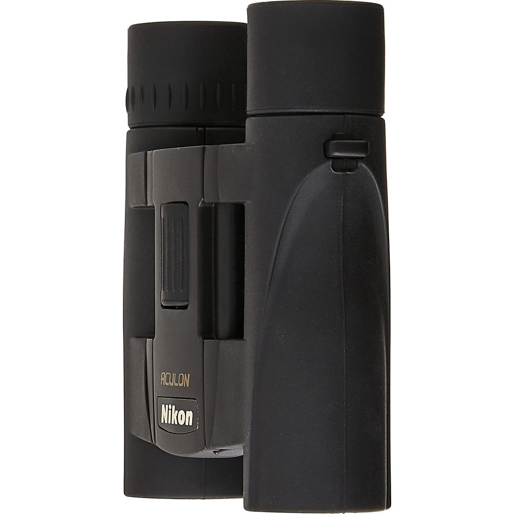 Schwarze Nikon Aculon Fernglas auf weißem Hintergrund.