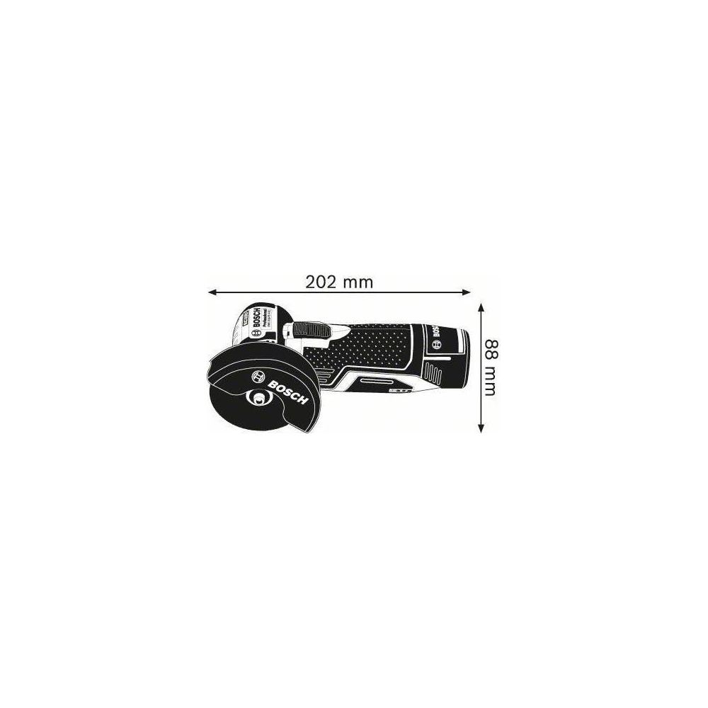 Bosch Winkelschleifer mit Maßangaben 202 mm Länge, 88 mm Höhe.