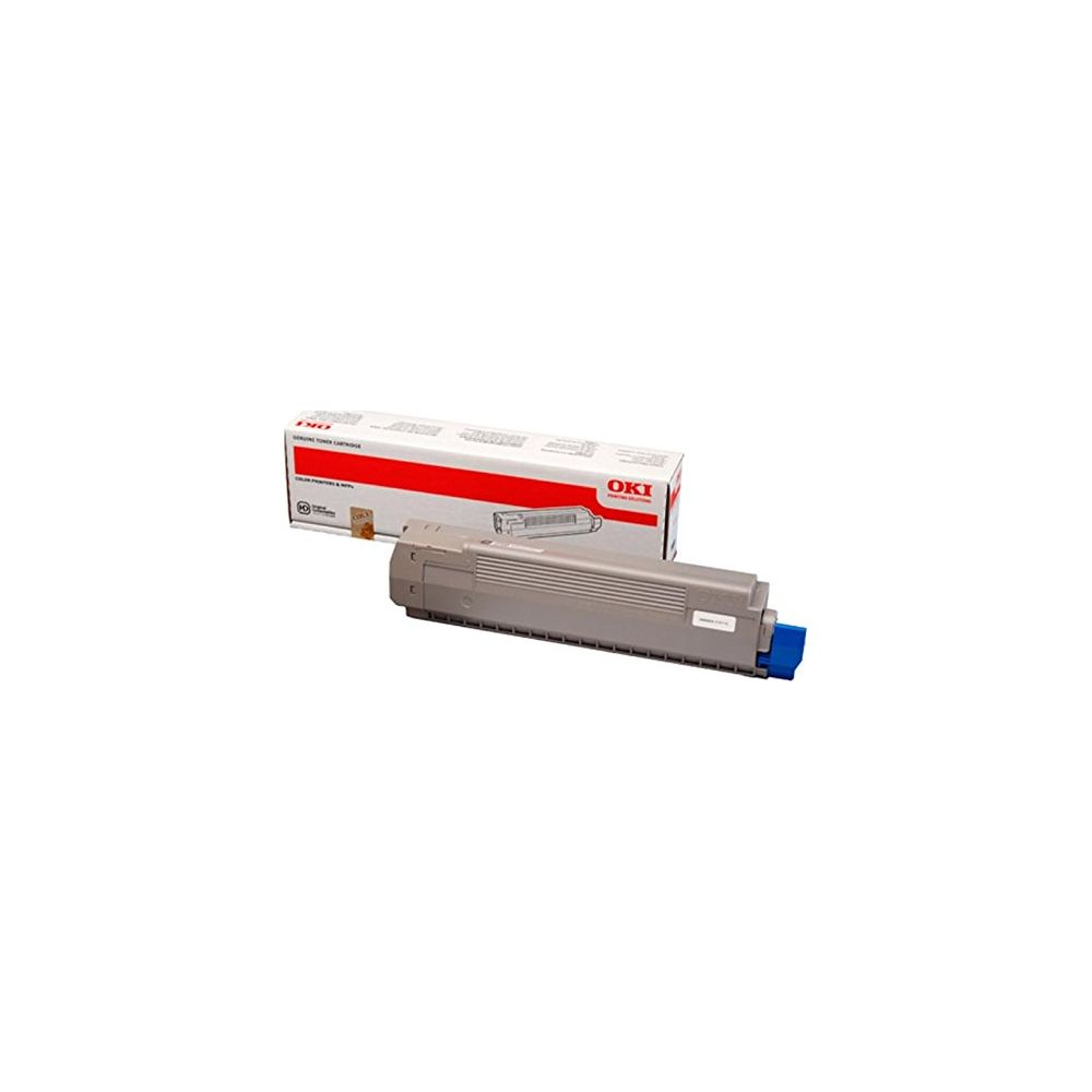 Una cartuccia toner OKI e la sua scatola sono mostrate su sfondo bianco.