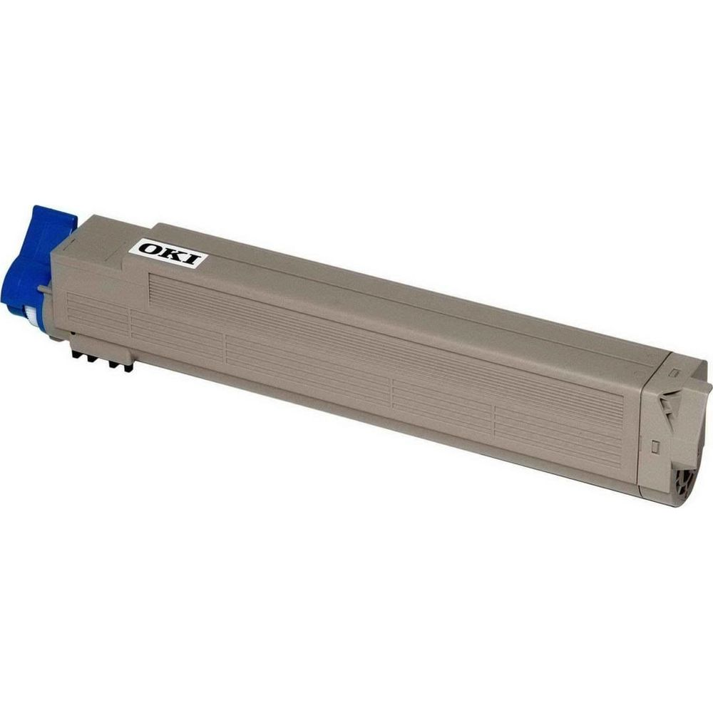 Cartuccia toner OKI grigia con leva blu su un'estremità.